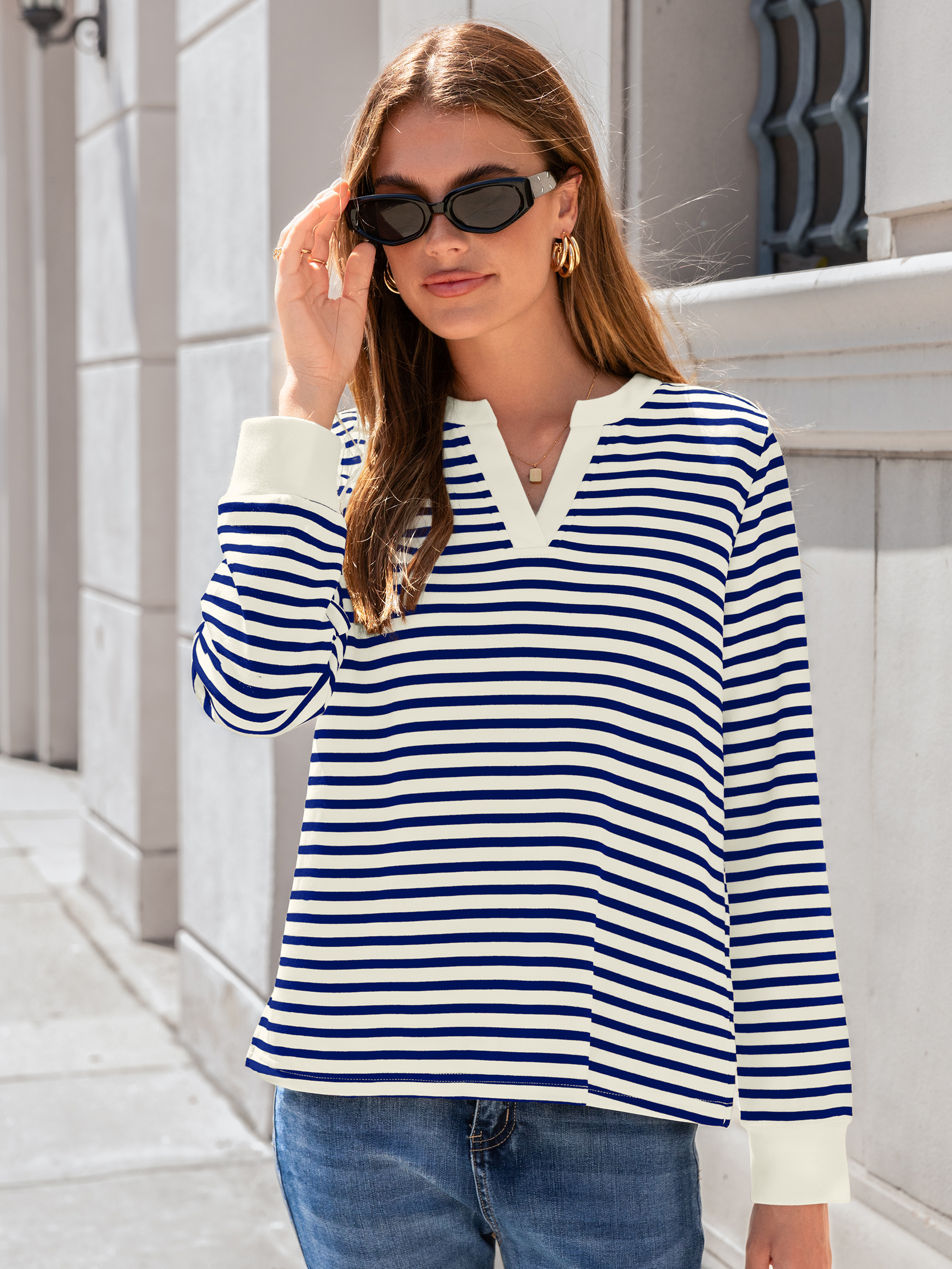 Striped Notch Neck Long Sleeve T-Shirt - Navy Blue