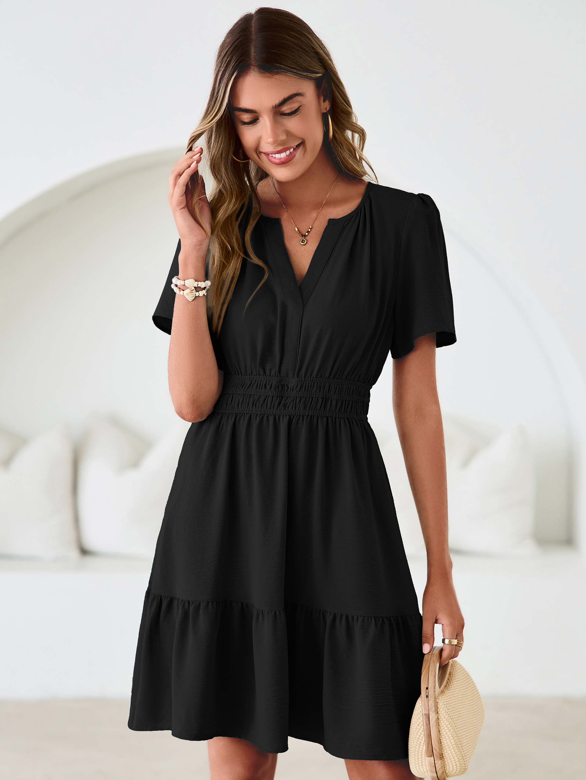 V Neck Smocked Waist Ruffle Hem Mini Dress