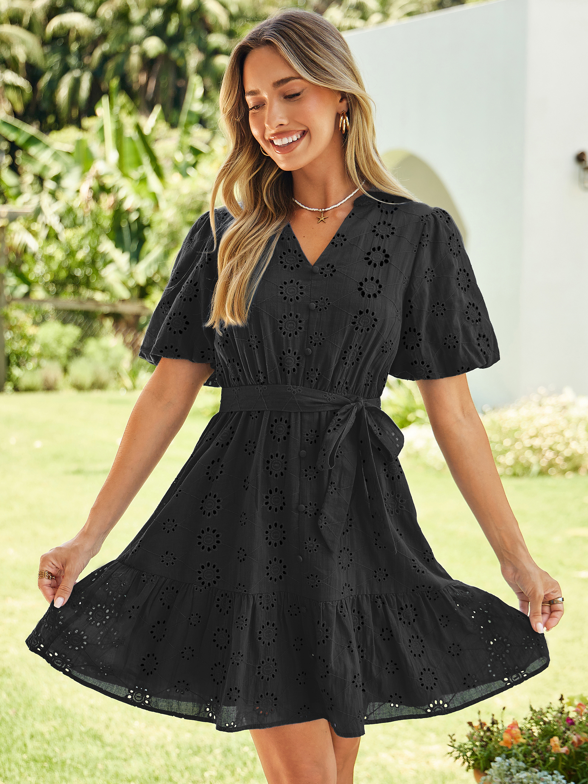 Eyelet Embroidery V-Neck Puff Sleeve Mini Dress