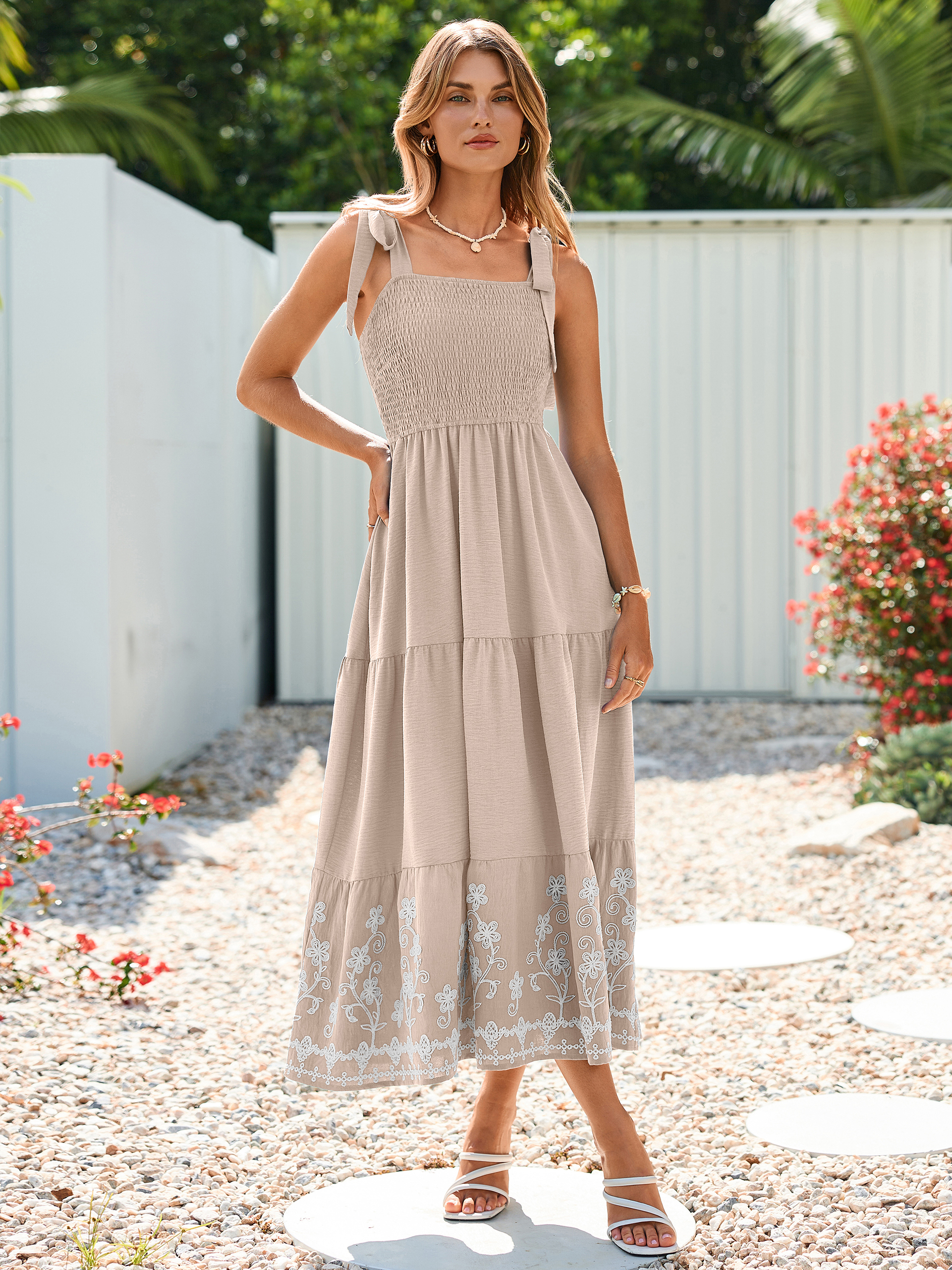 Floral Embroidery Smocked Tie Shoulder Maxi Dress