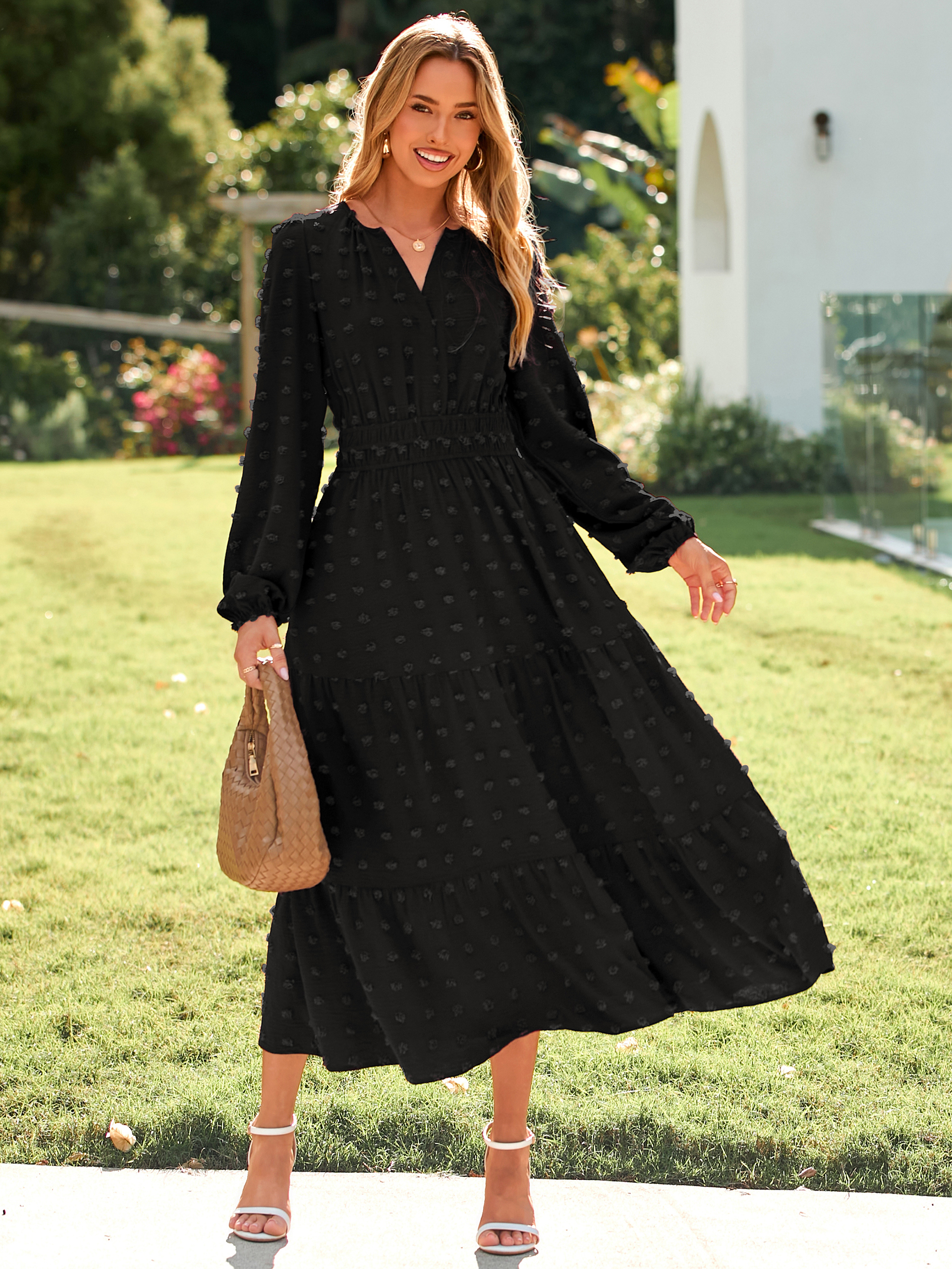 Boho V Neck Swiss Dot Long Sleeve Maxi Dress - Black