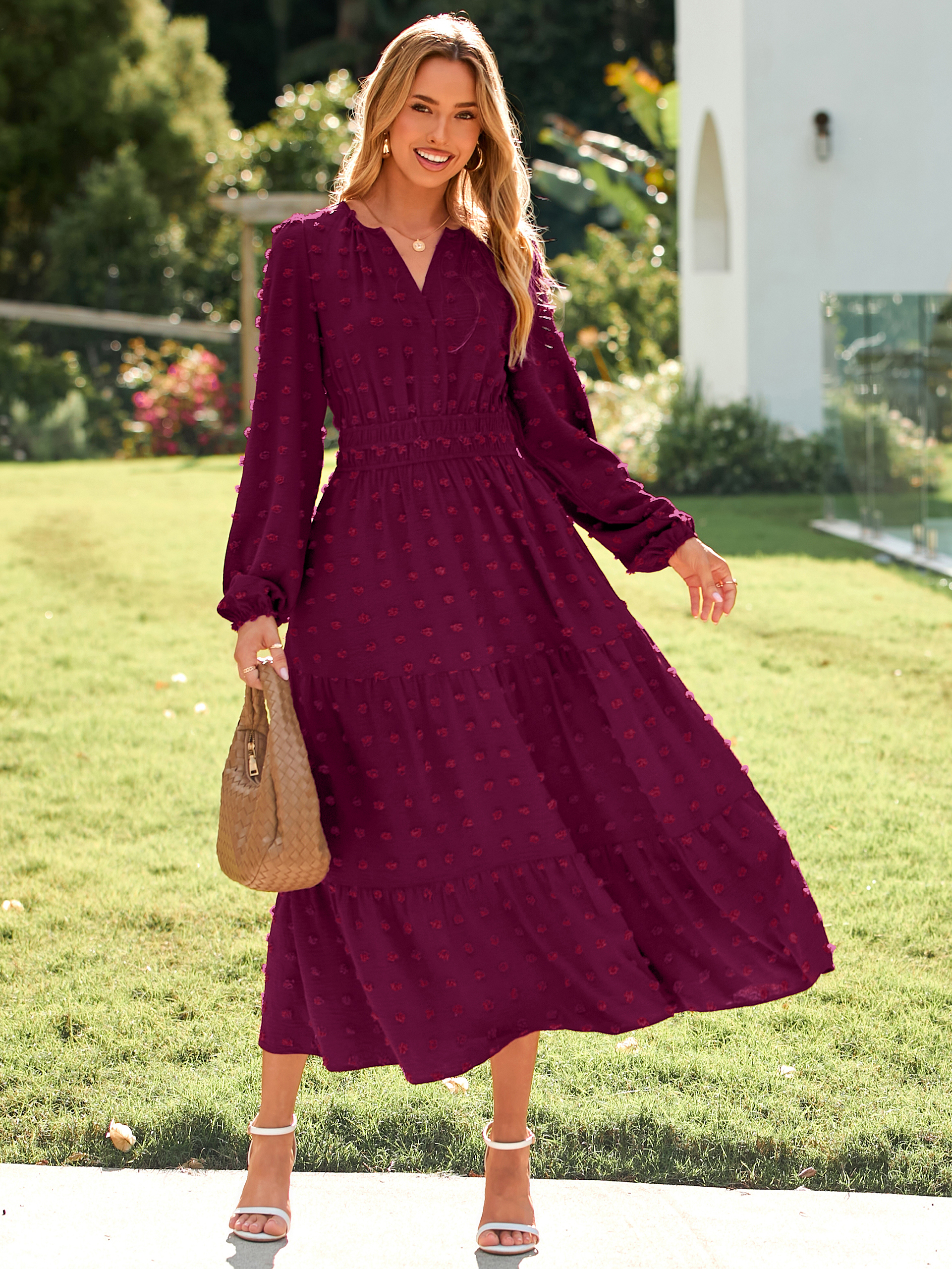 Boho V Neck Swiss Dot Long Sleeve Maxi Dress - Wine Red