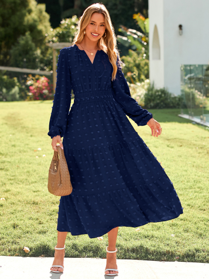 Boho V Neck Swiss Dot Long Sleeve Maxi Dress - Navy Blue