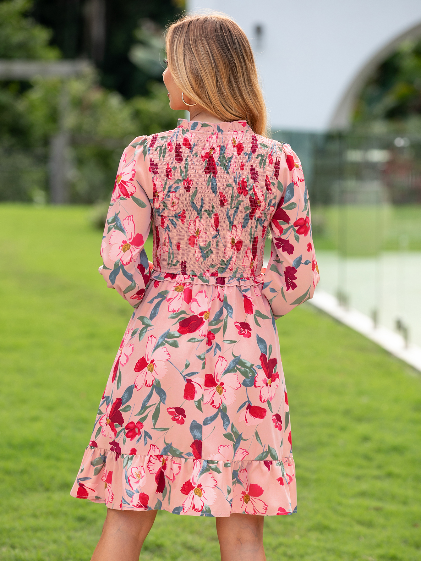 Floral Ruffle Empire Waist Babydoll Mini Dress - Floral Pink