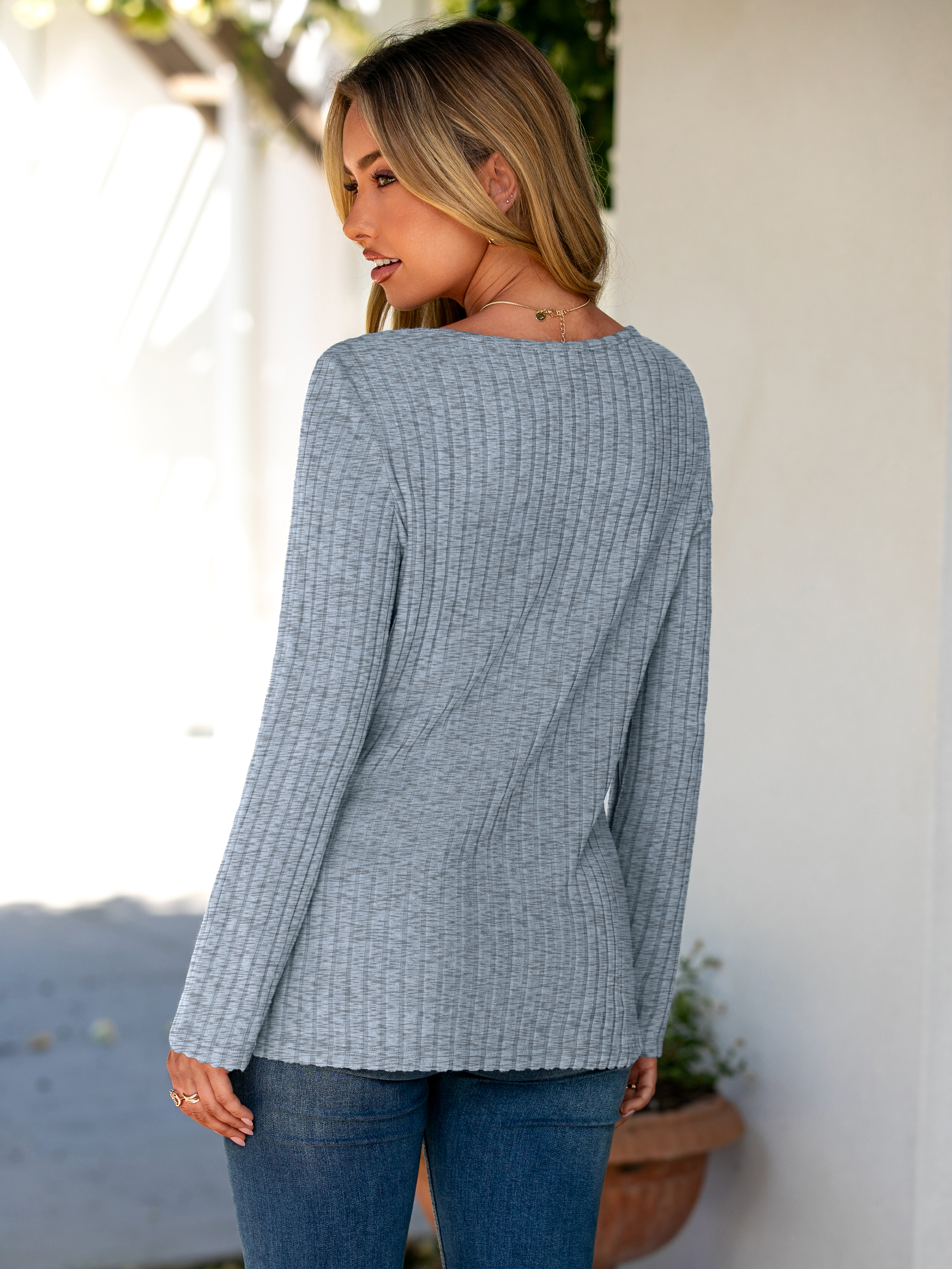 Button V Neck Comfy long Sleeve Tunic Top - Grey Blue