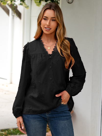 Floral Lace V Neck Embroidered Button Down Blouse - Black