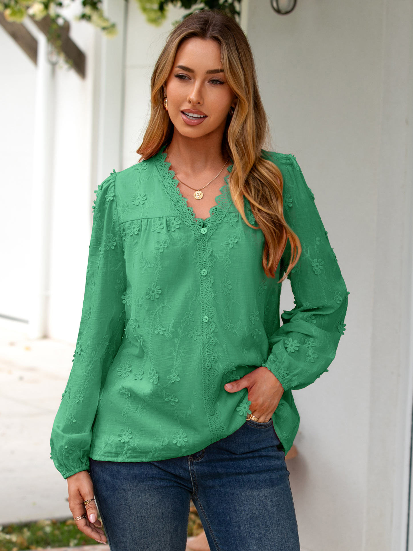Floral Lace V Neck Embroidered Button Down Blouse - Dark Green