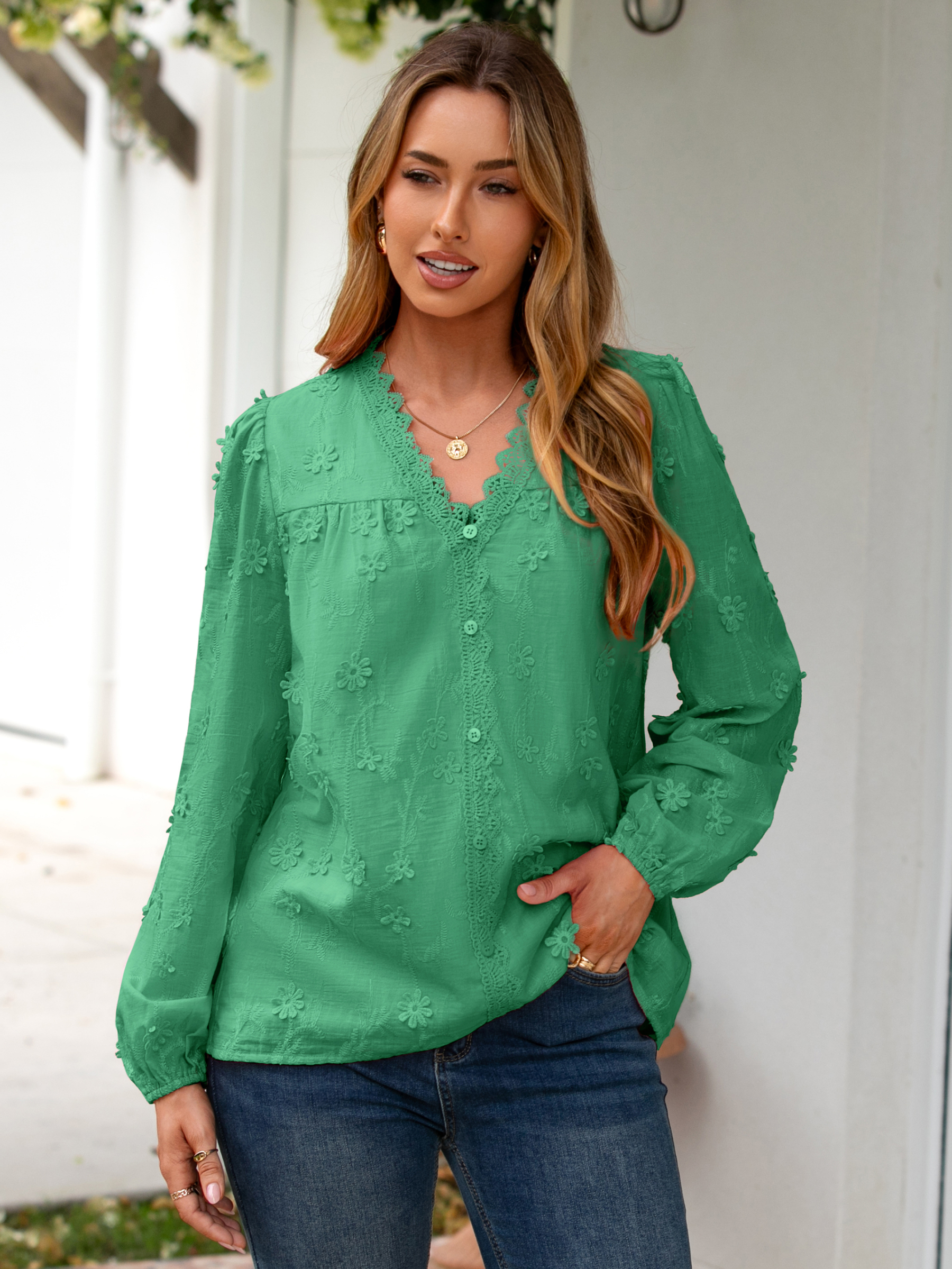 Floral Lace V Neck Embroidered Button Down Blouse - Dark Green