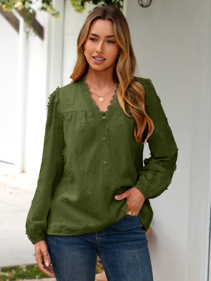 Floral Lace V Neck Embroidered Button Down Blouse - Army Green