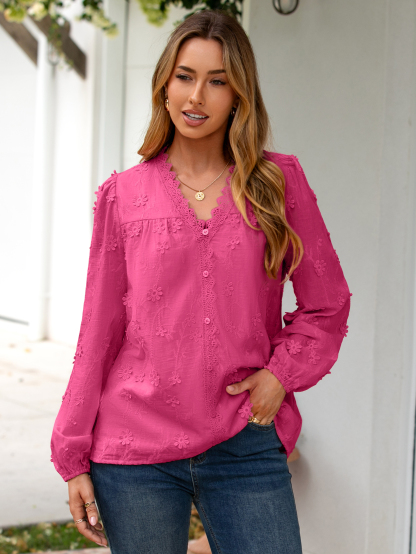 Floral Lace V Neck Embroidered Button Down Blouse - Rose Pink