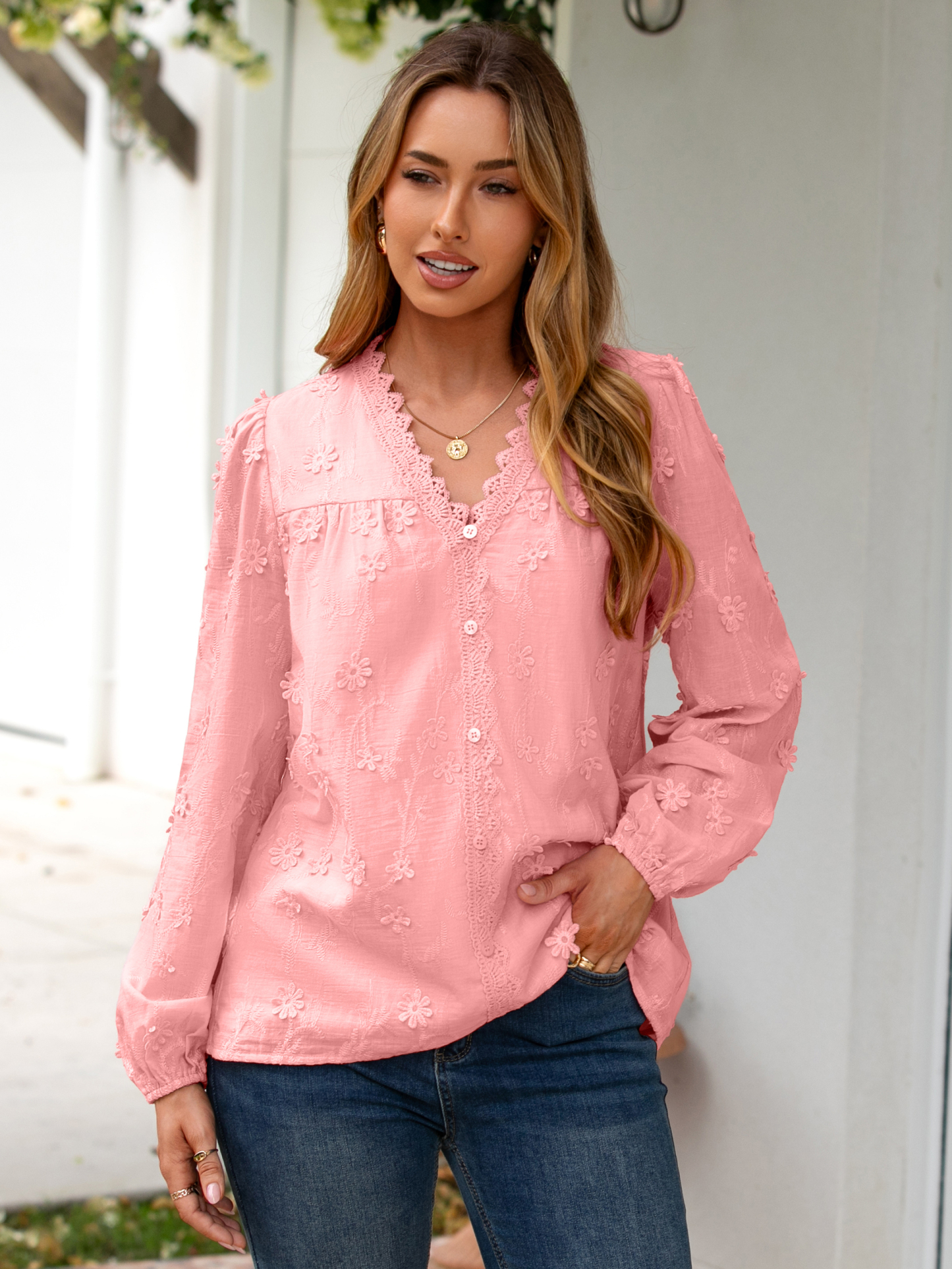 Floral Lace V Neck Embroidered Button Down Blouse - Rose Pink
