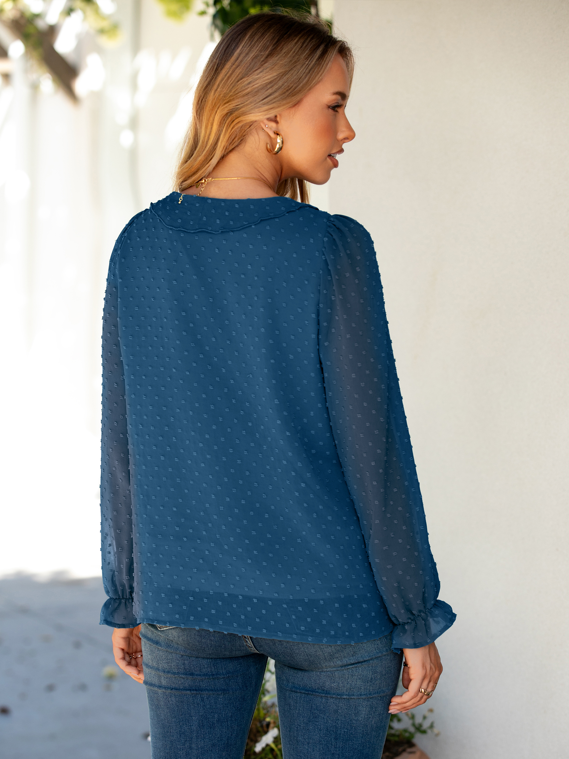 Chiffon V Neck Ruffle Long Sleeve Blouse - Enamel Blue