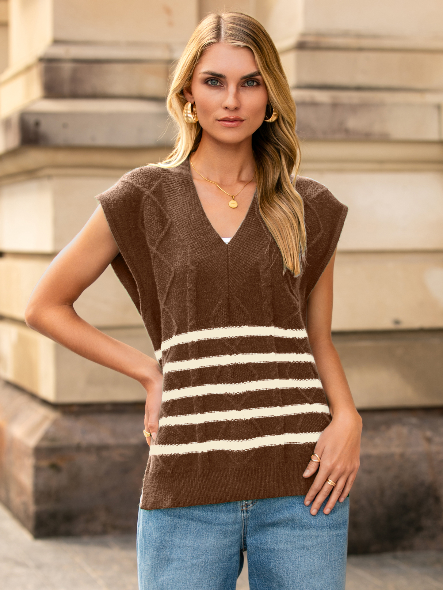 Striped V Neck Knit Sleeveless Sweater Vest - Brown