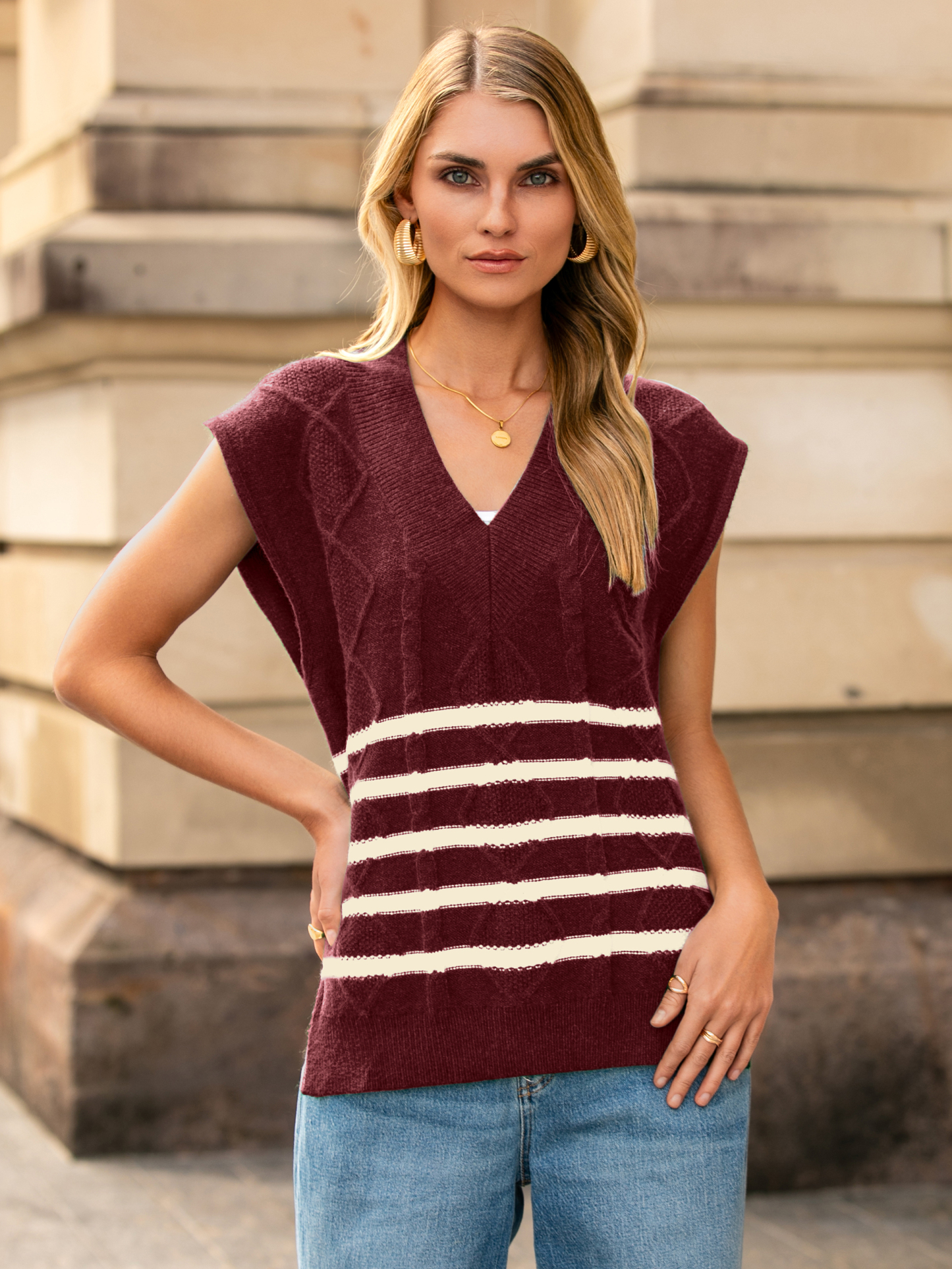 Striped V Neck Knit Sleeveless Sweater Vest - Wine Red