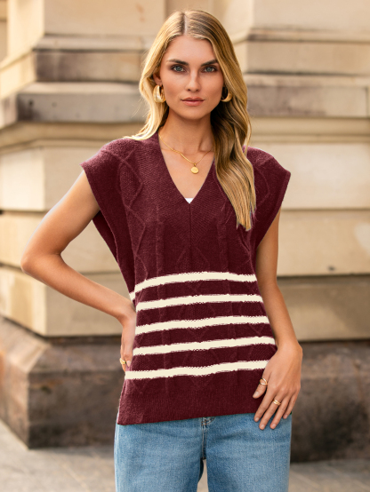 Striped V Neck Knit Sleeveless Sweater Vest - Wine Red