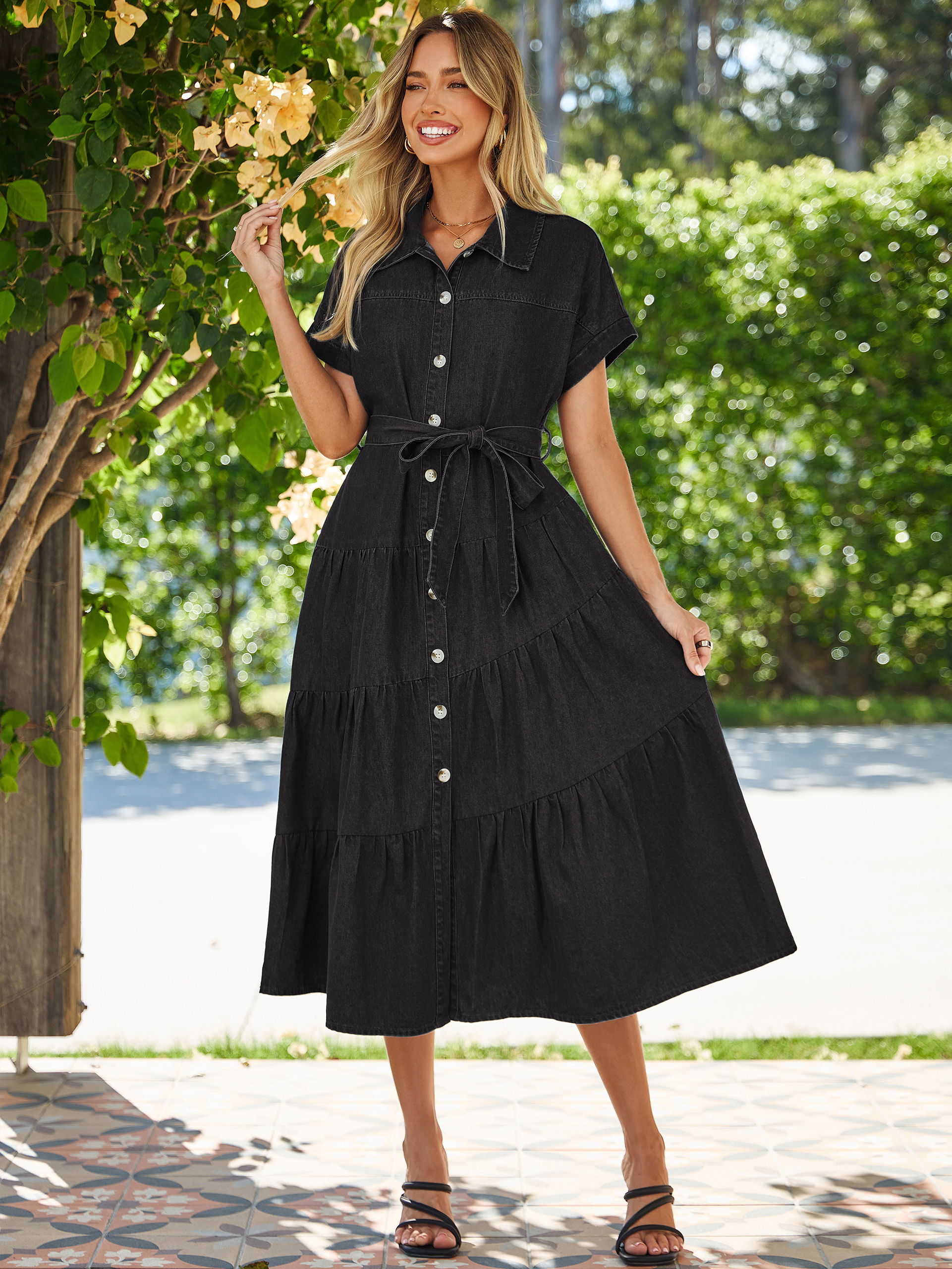 Short Sleeve Denim Belted Tiered Maxi Dress