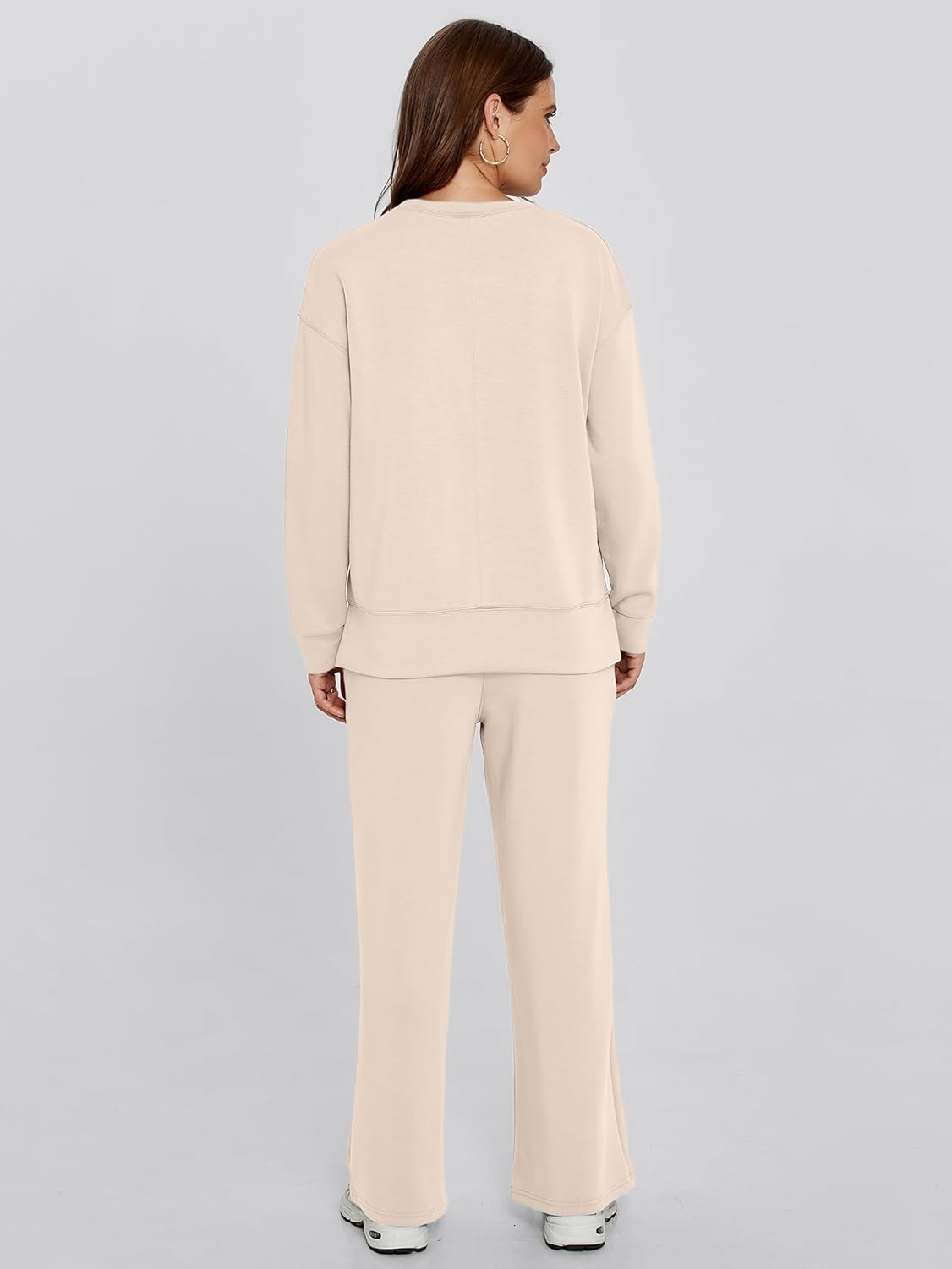 Crew Neck Pullover Two Piece Lounge Set - Apricot