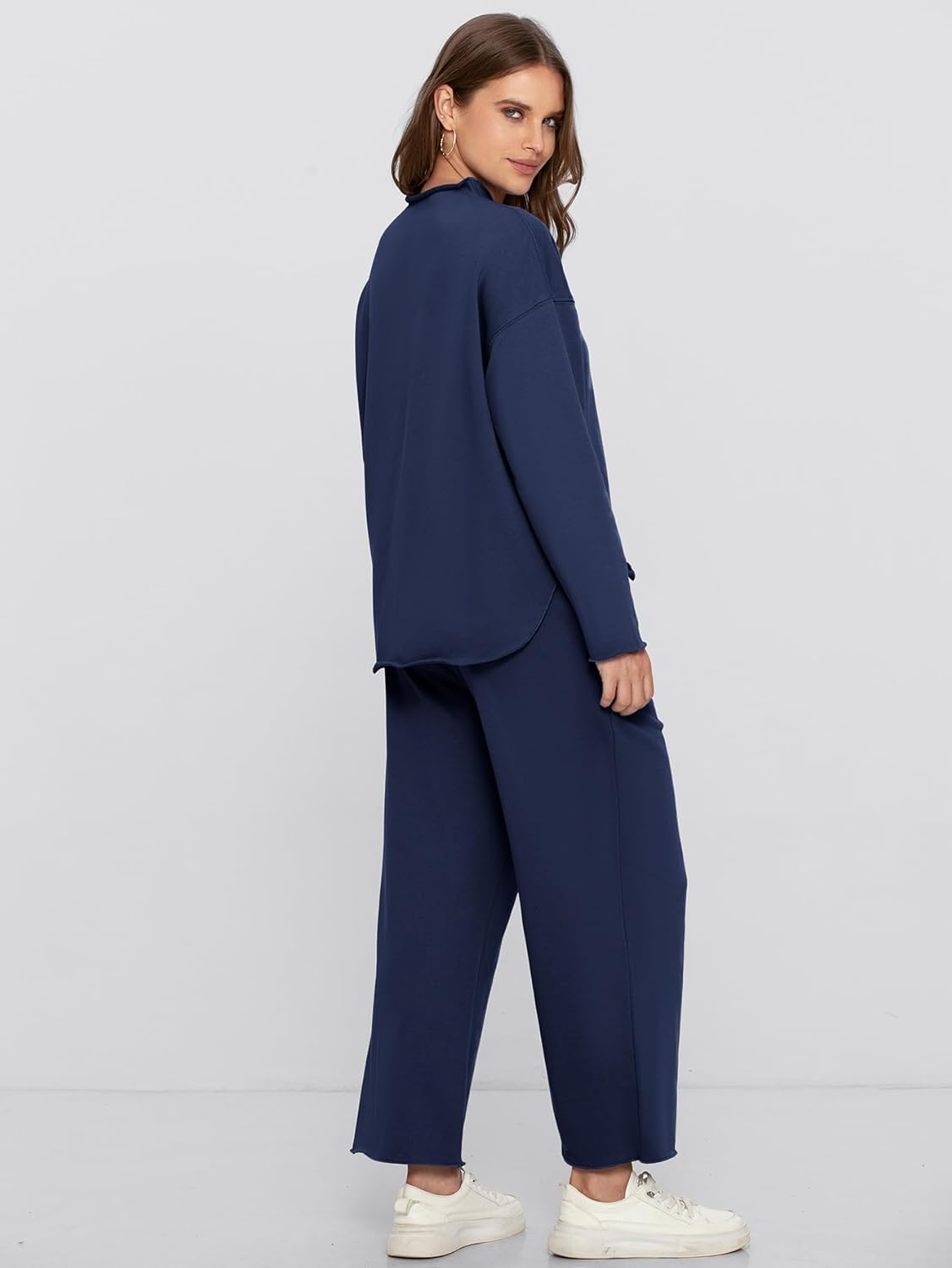 Mock Neck Pullover with Wide Leg Pants Set - Navy Blue