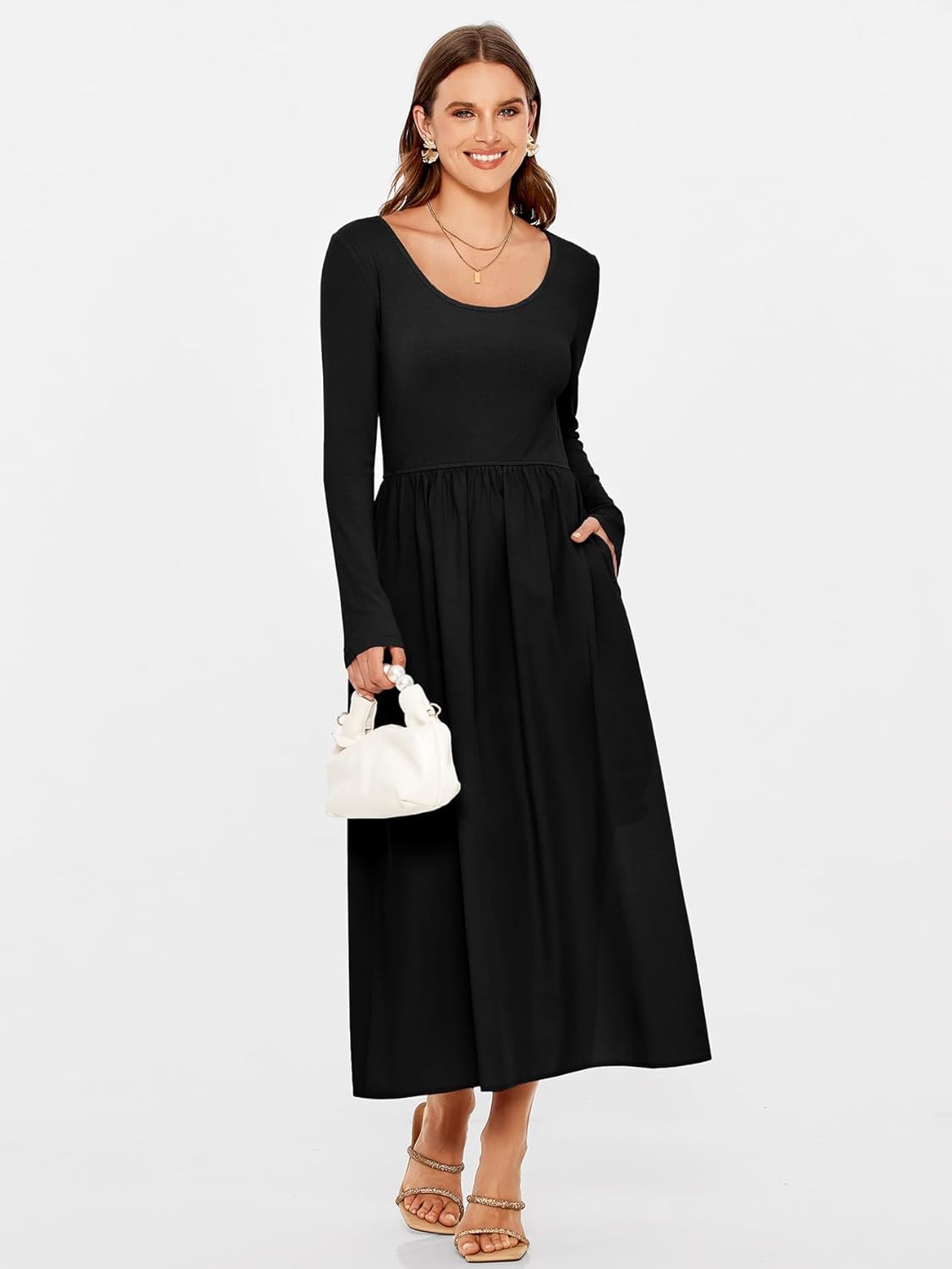 Knit Top Long Skirt Midi Dress with Side Pockets - Black