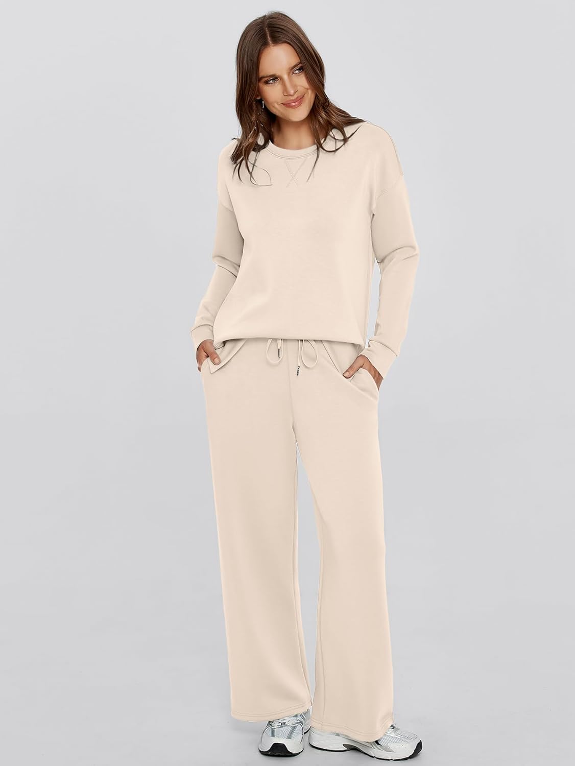 Crew Neck Pullover Two Piece Lounge Set - Apricot