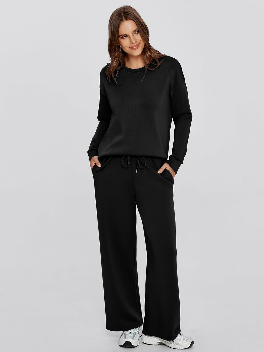 Crew Neck Pullover Two Piece Lounge Set - Black