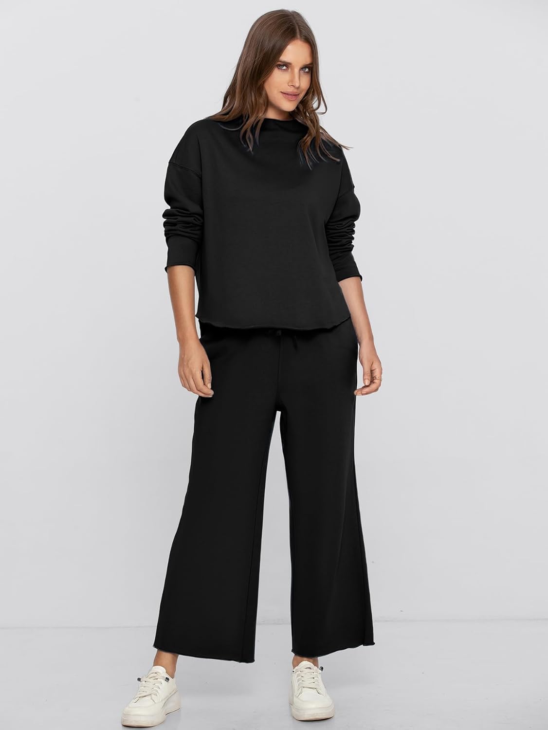 Mock Neck Pullover with Wide Leg Pants Set - Black