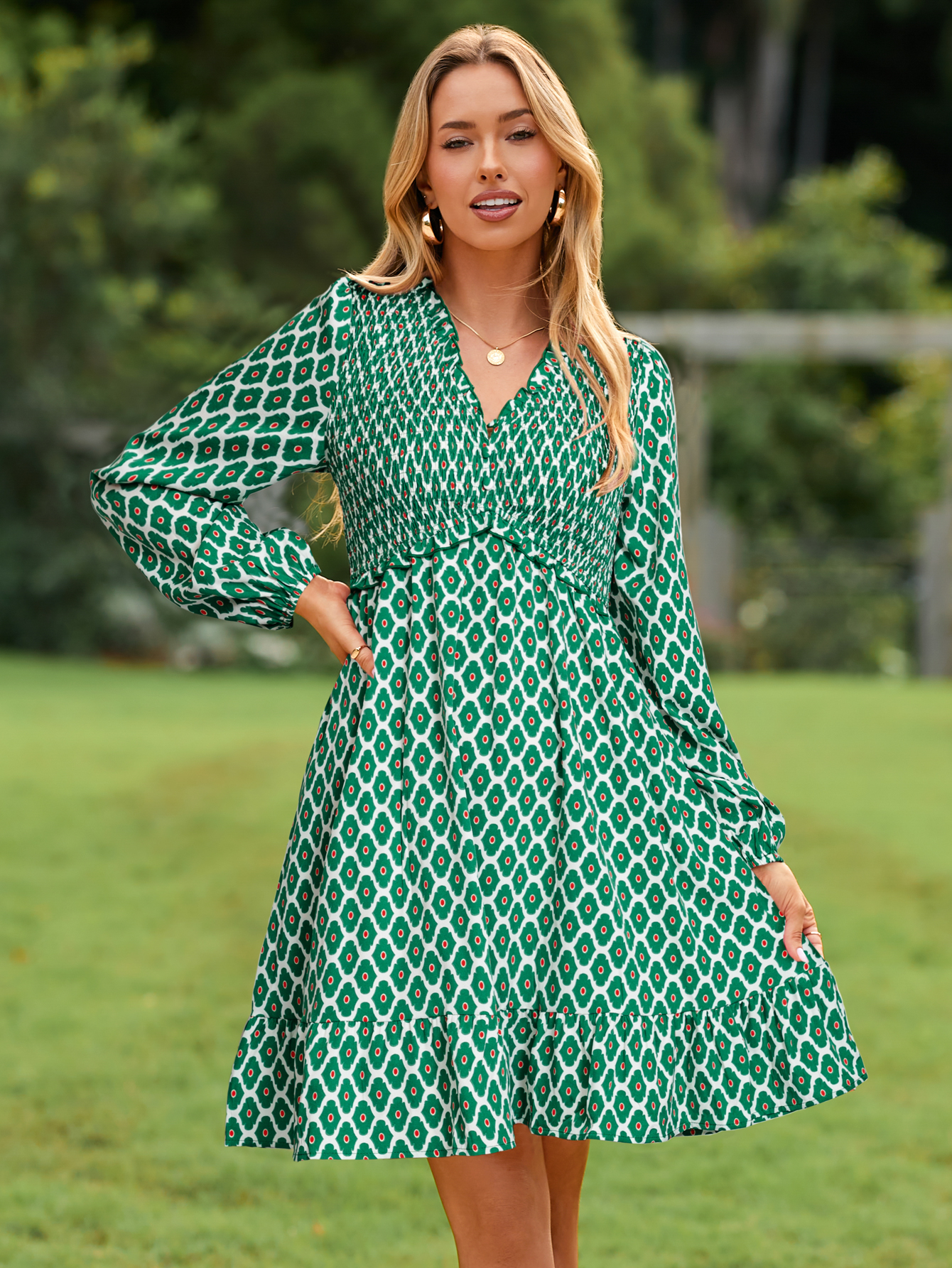 Floral Ruffle Empire Waist Babydoll Mini Dress - Green