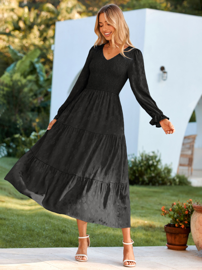 Smocked Tiered V Neck Wedding Guest Maxi Dress - Black