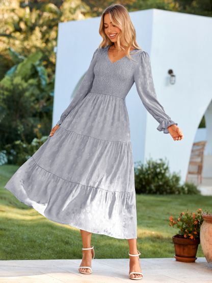 Smocked Tiered V Neck Wedding Guest Maxi Dress - Light Blue