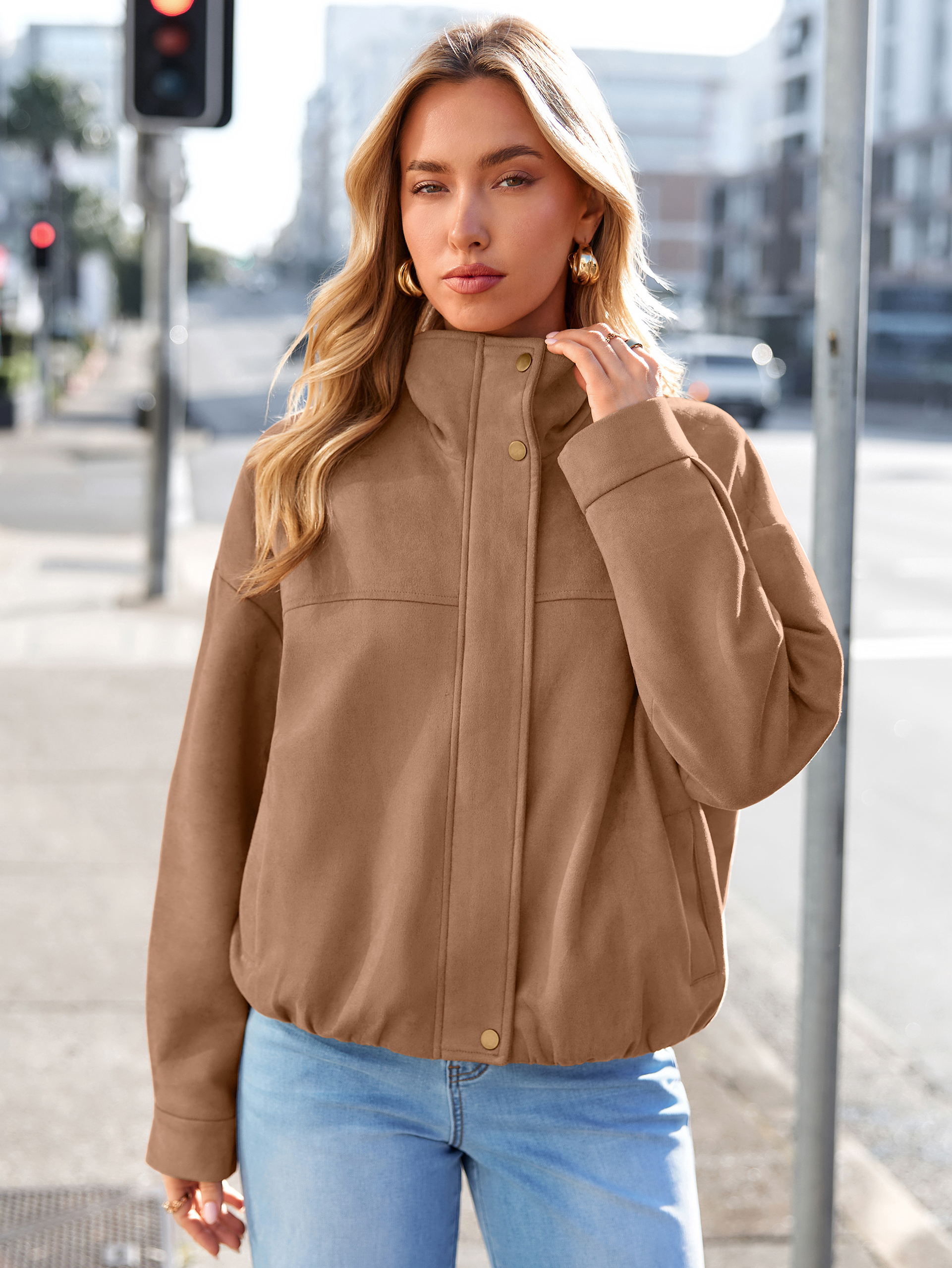 Casual Lapel Zip Front Faux Suede Bomber Jacket