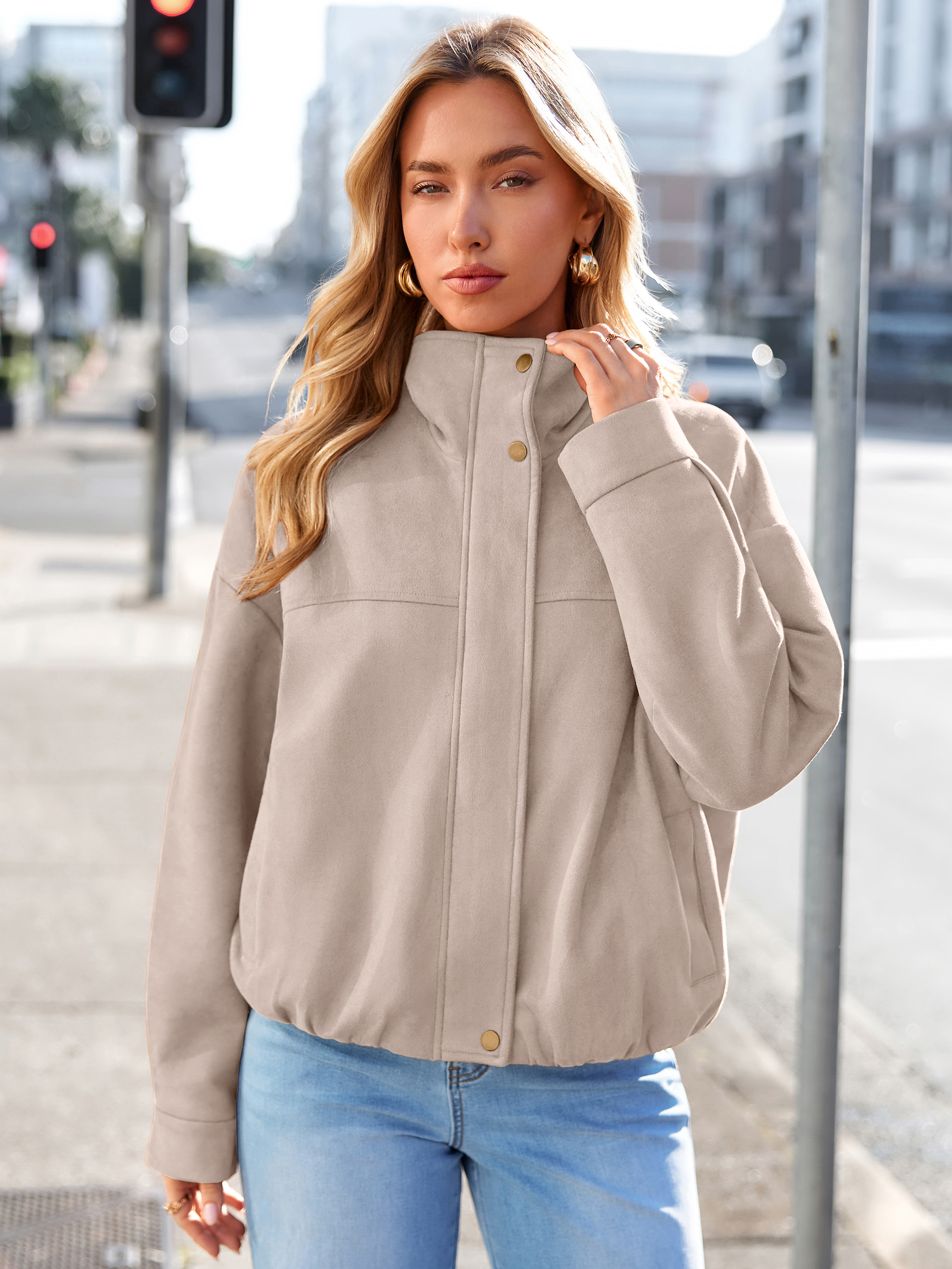 Casual Lapel Zip Front Faux Suede Bomber Jacket