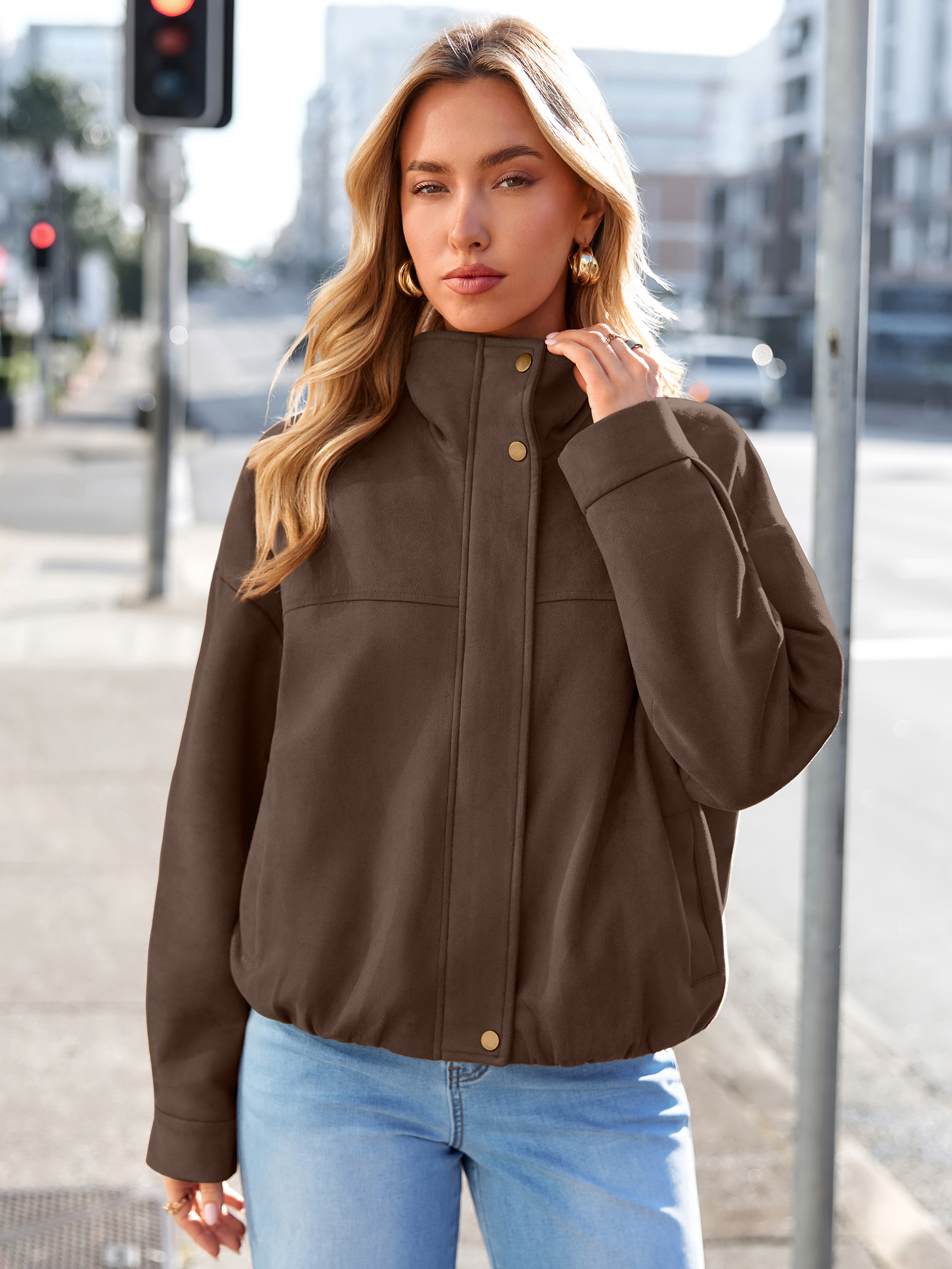 Casual Lapel Zip Front Faux Suede Bomber Jacket