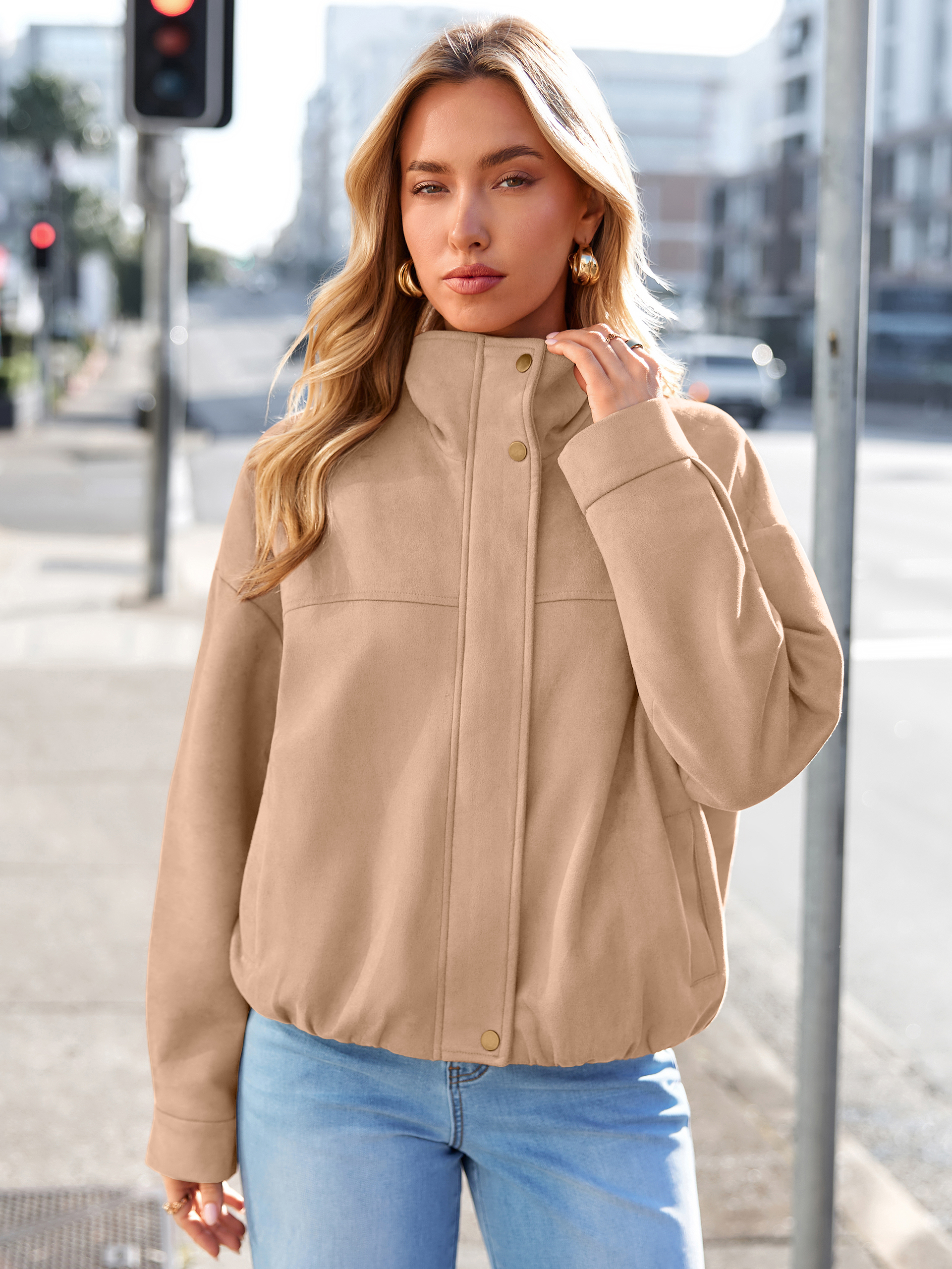 Casual Lapel Zip Front Faux Suede Bomber Jacket