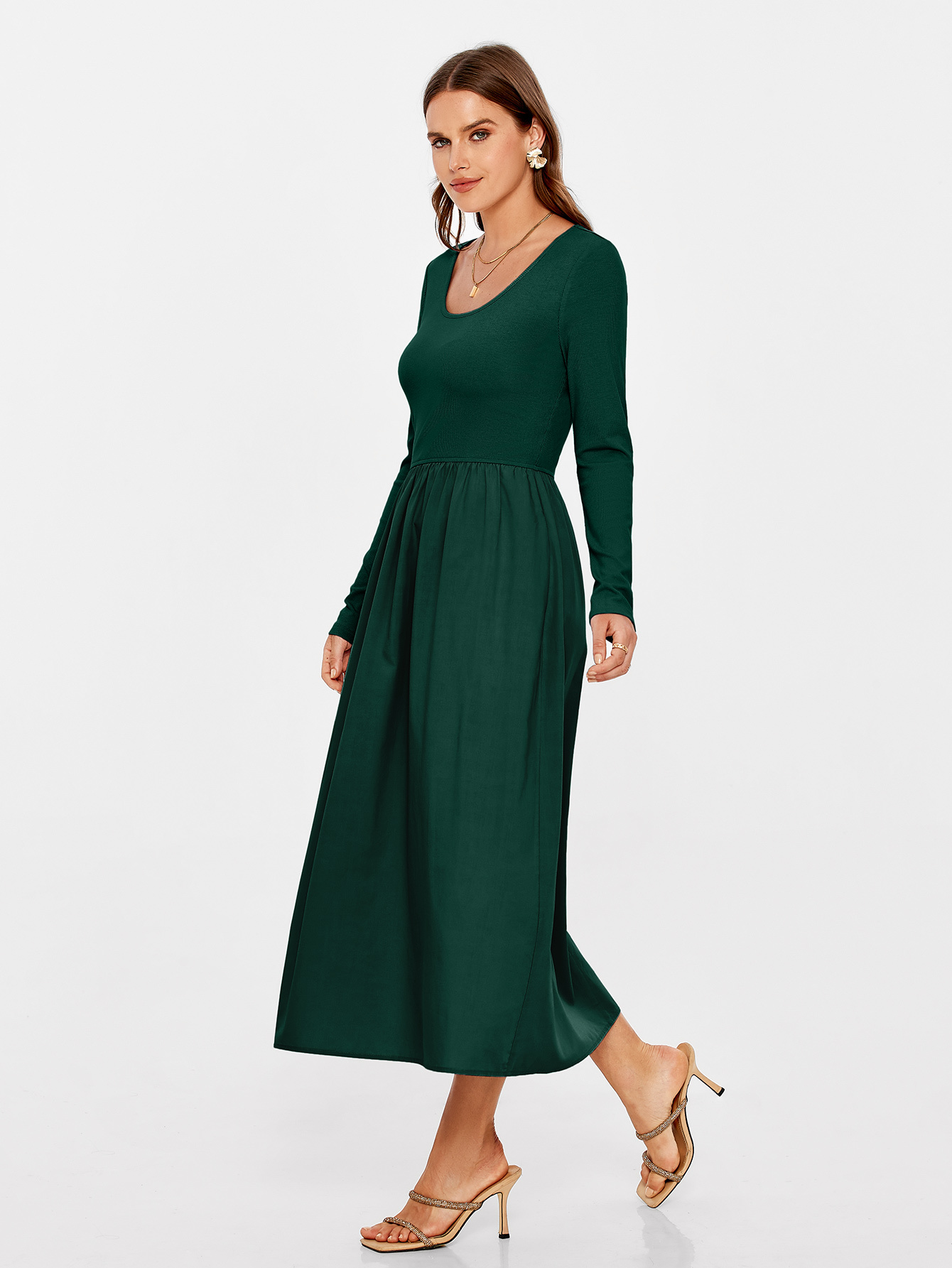 Knit Long Sleeve Midi Dress with Side Pockets