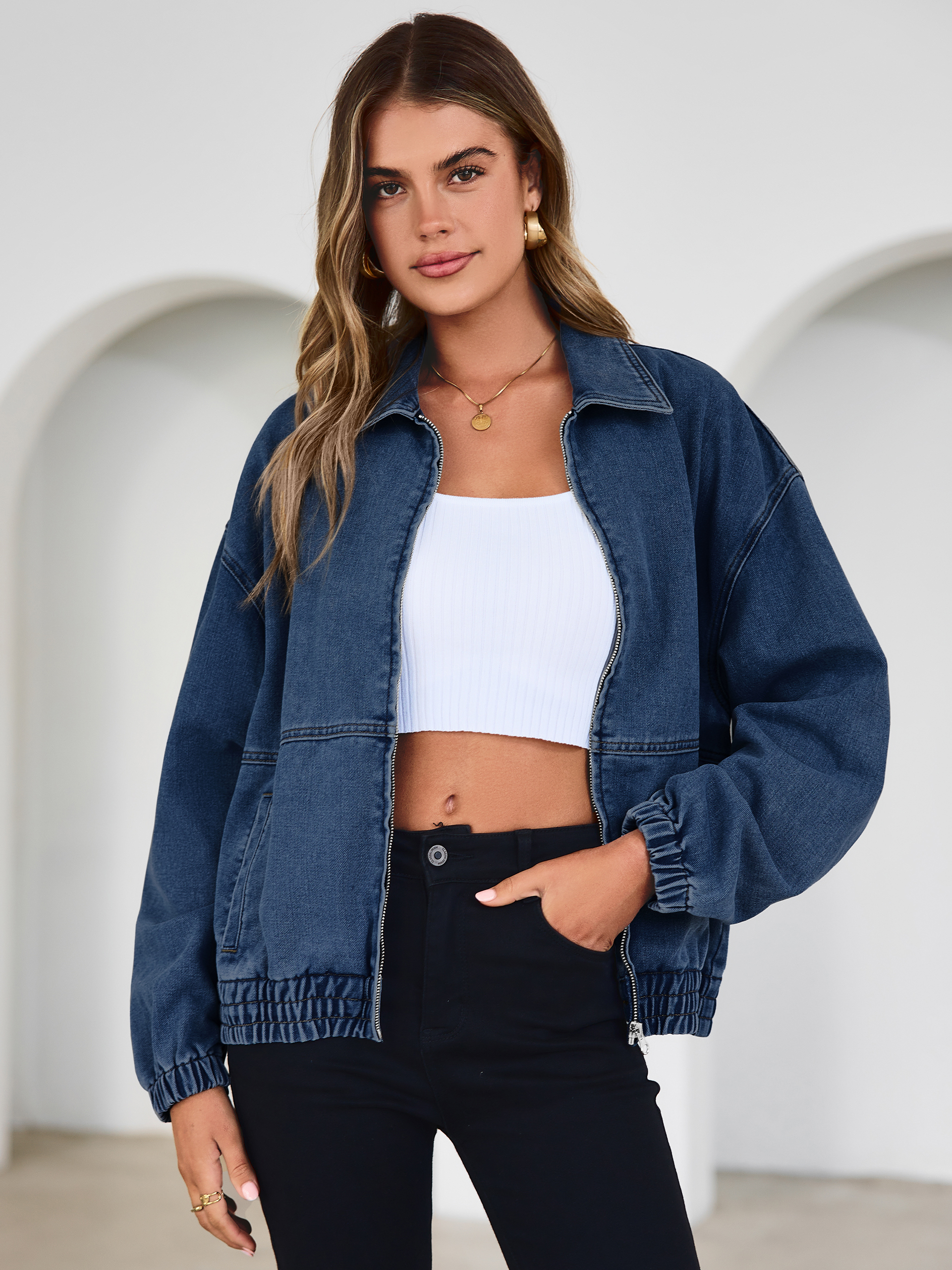 Classic Zip-Up Denim Bomber Jacket with Pockets - Dark Blue