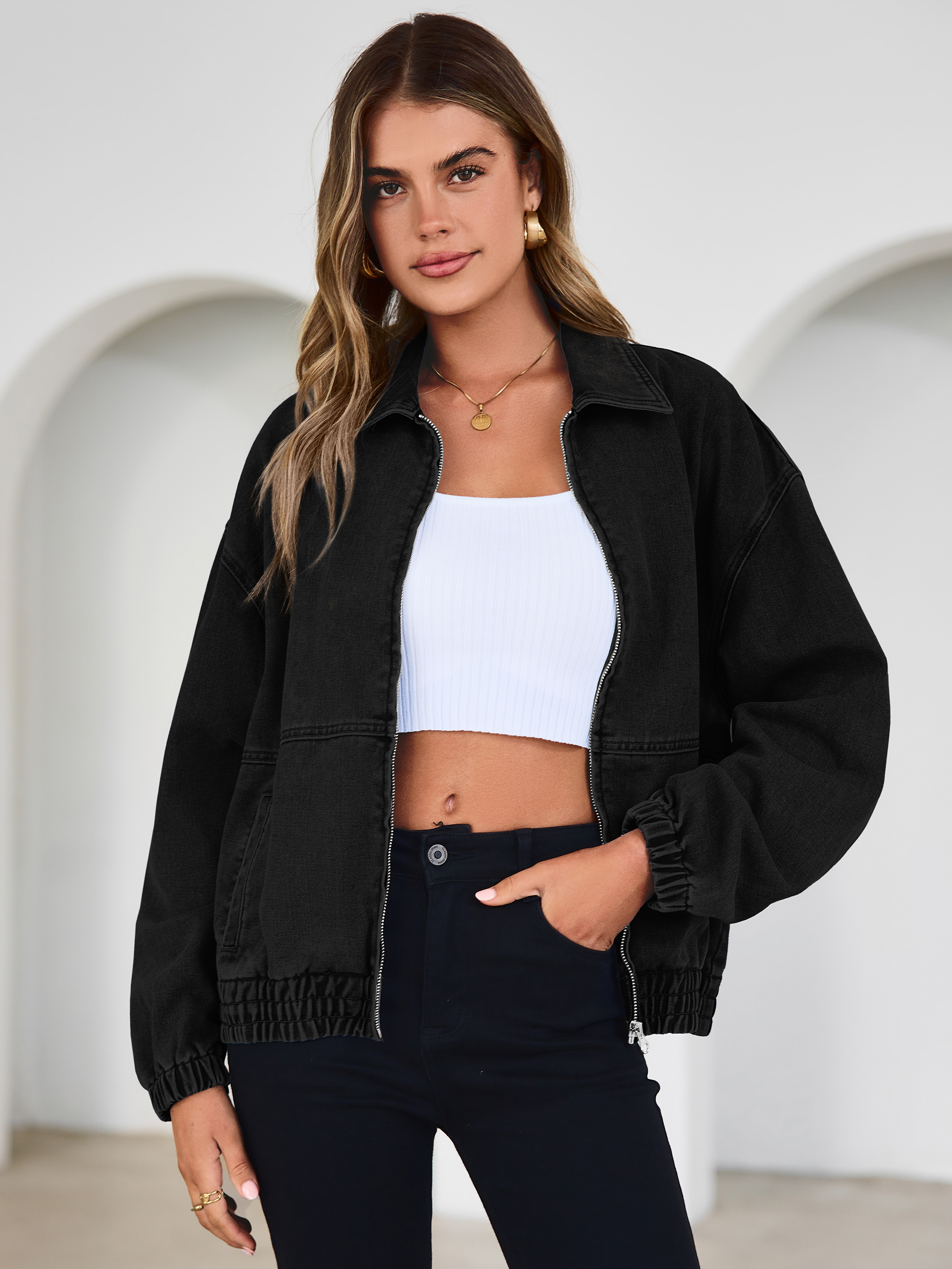 Classic Zip-Up Denim Bomber Jacket with Pockets - Black
