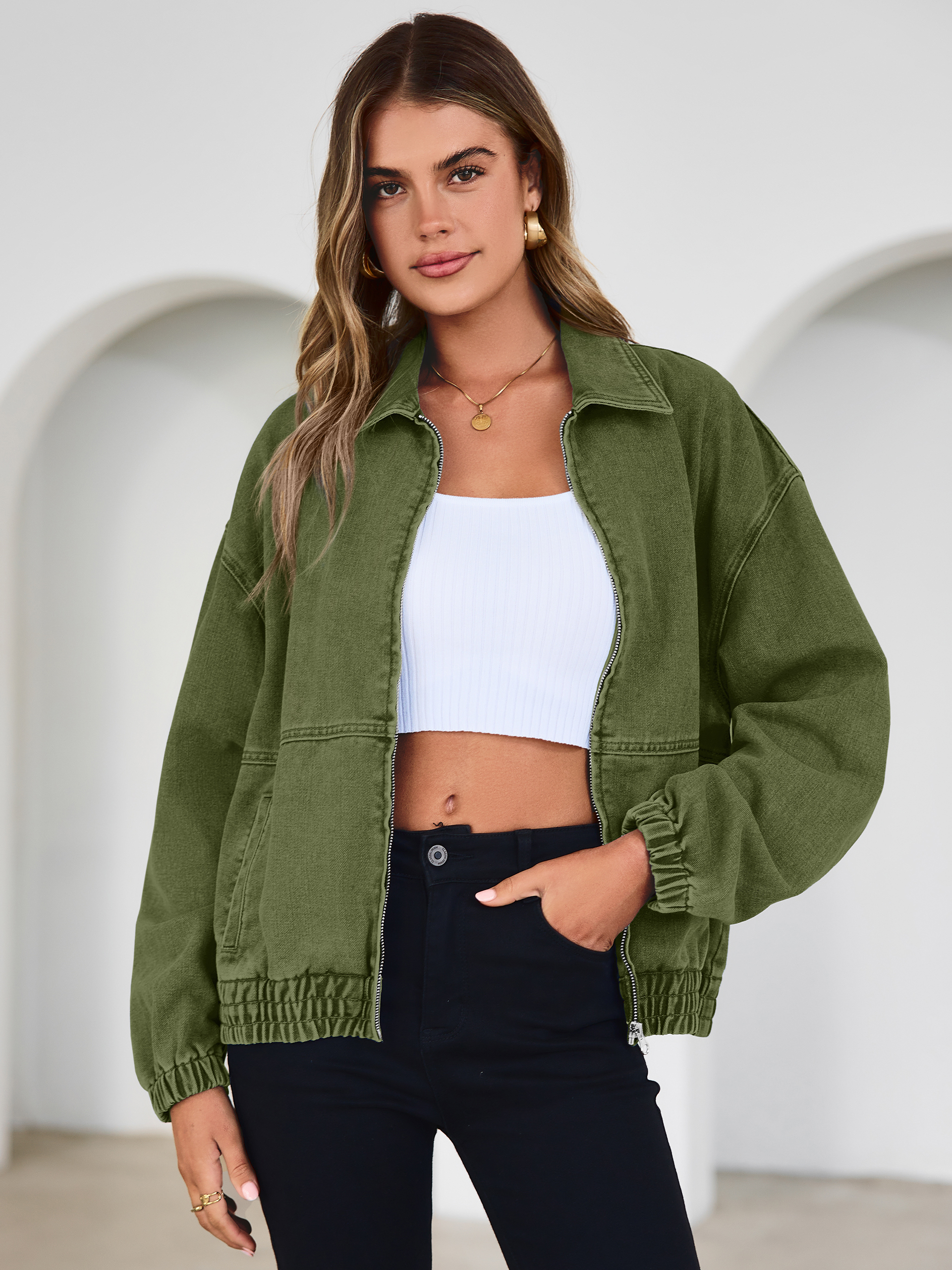 Classic Zip-Up Denim Bomber Jacket with Pockets - Army Green