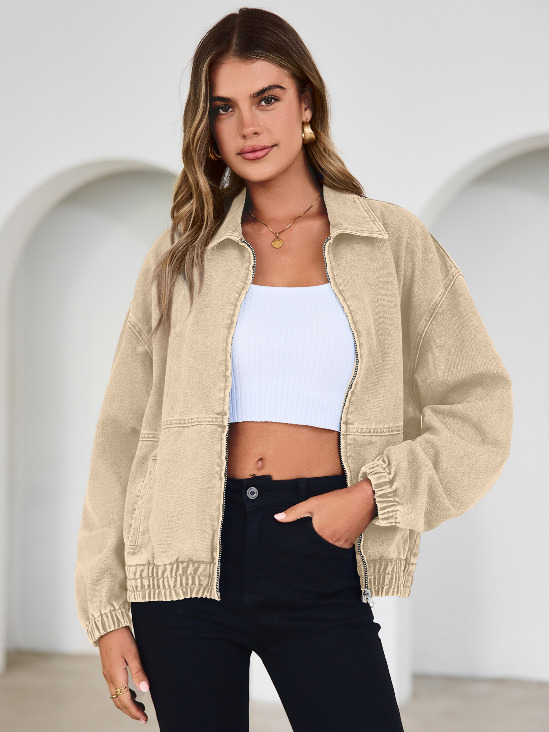 Classic Zip-Up Denim Bomber Jacket with Pockets - Light Khaki
