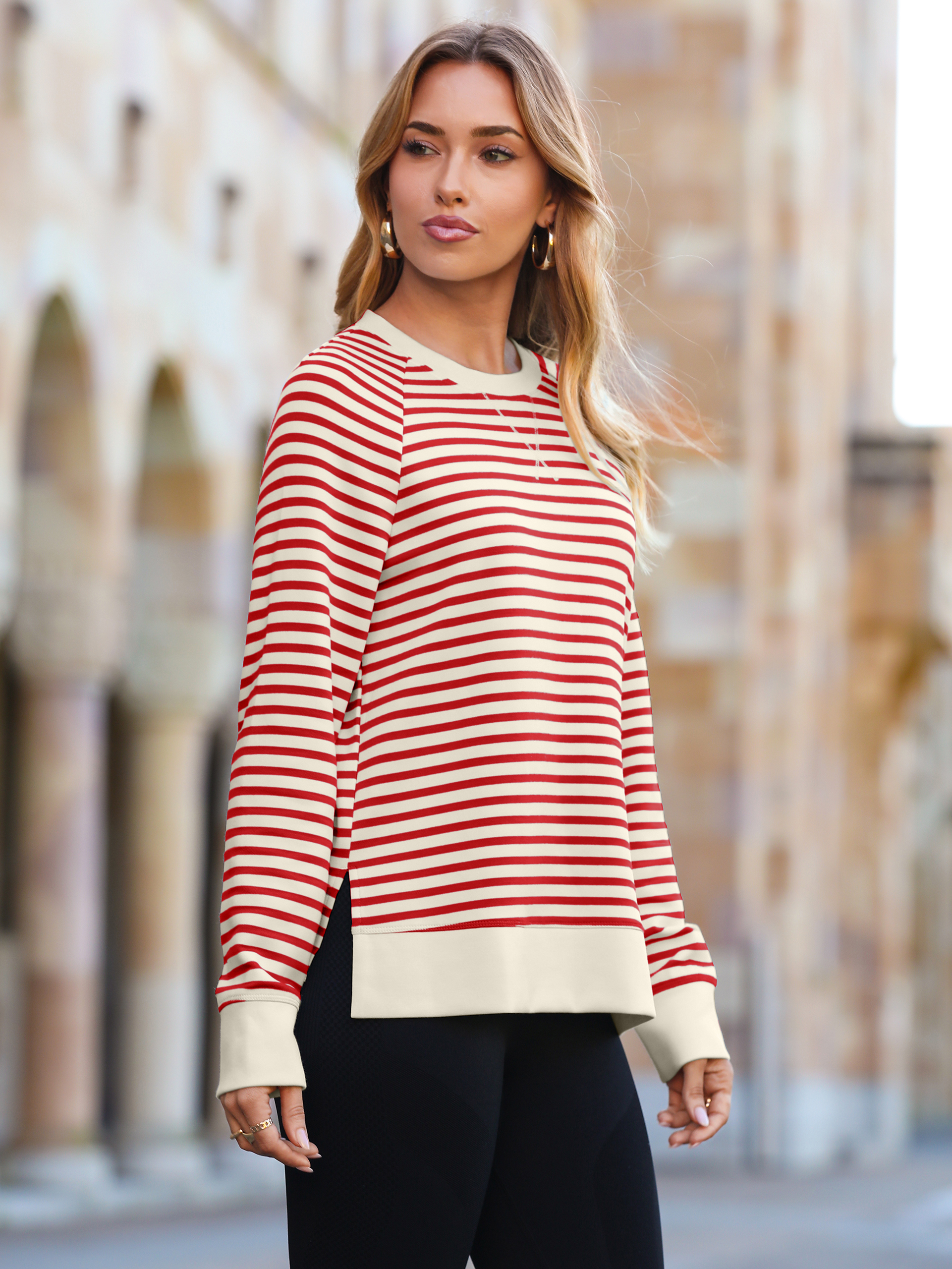 Striped Crewneck Raglan Long Sleeve Sweatshirt