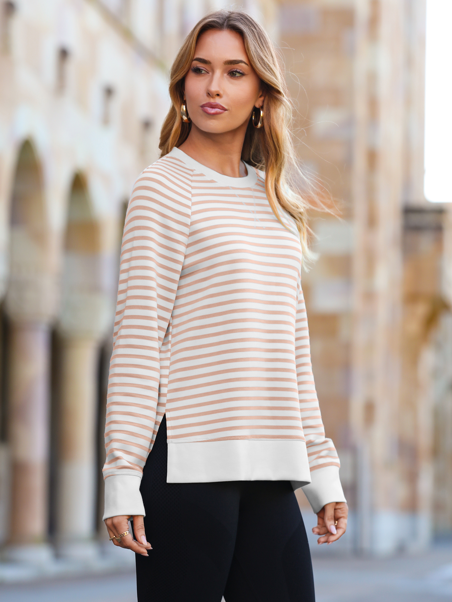 Striped Crewneck Raglan Long Sleeve Sweatshirt