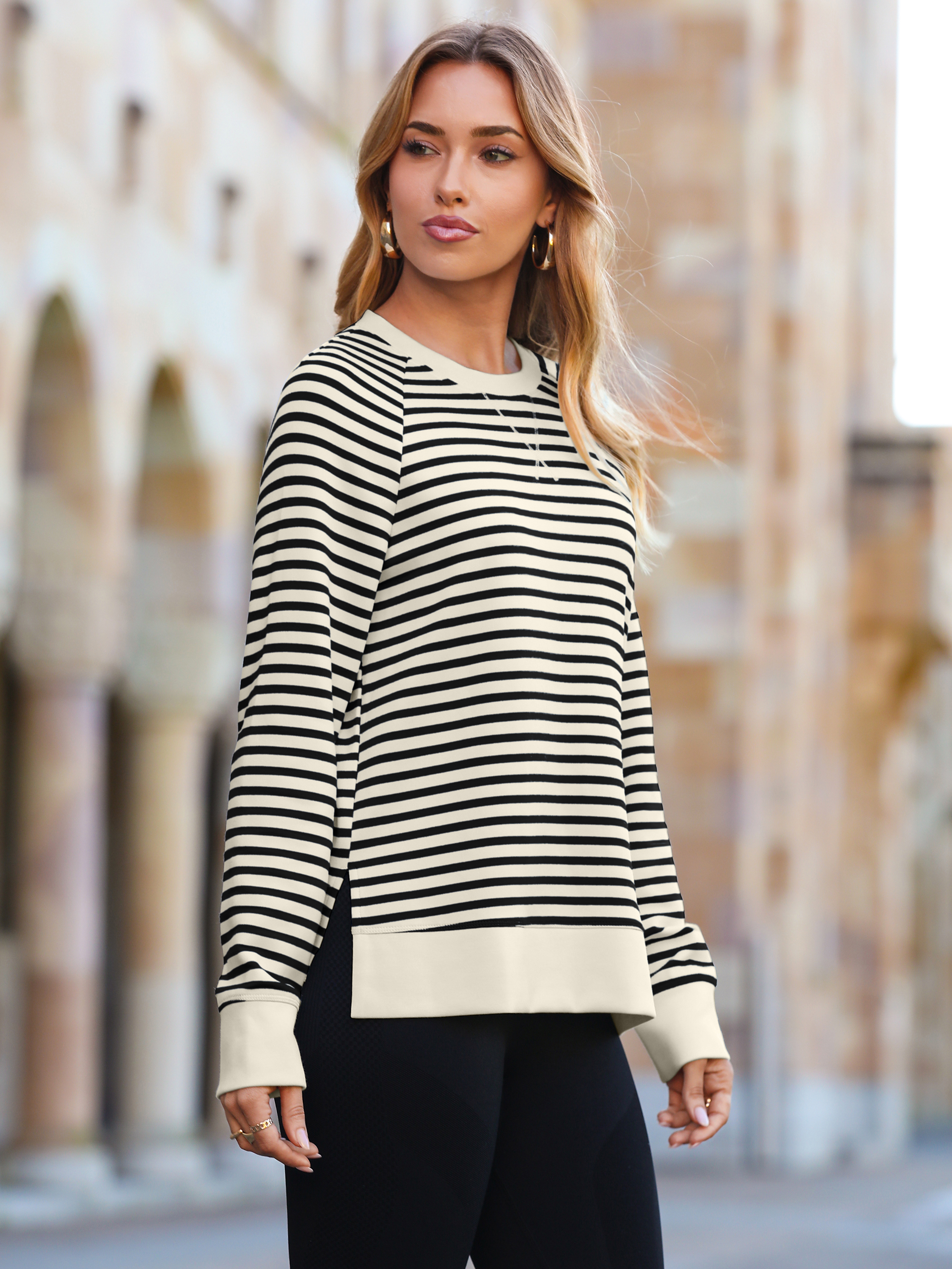 Striped Crewneck Raglan Long Sleeve Sweatshirt