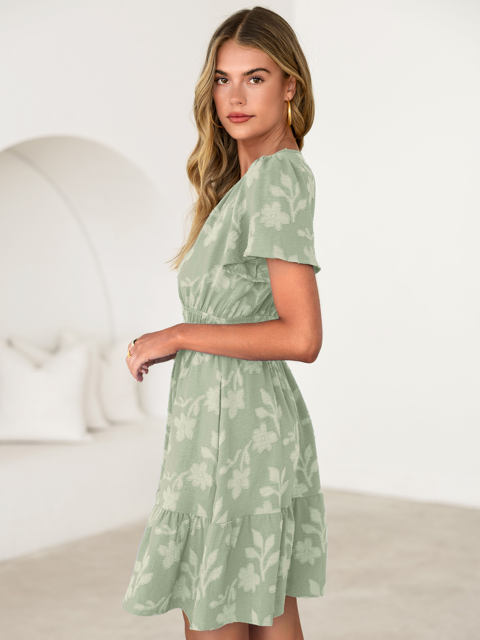 Floral Jacquard V Neck Short Sleeve Mini Dress