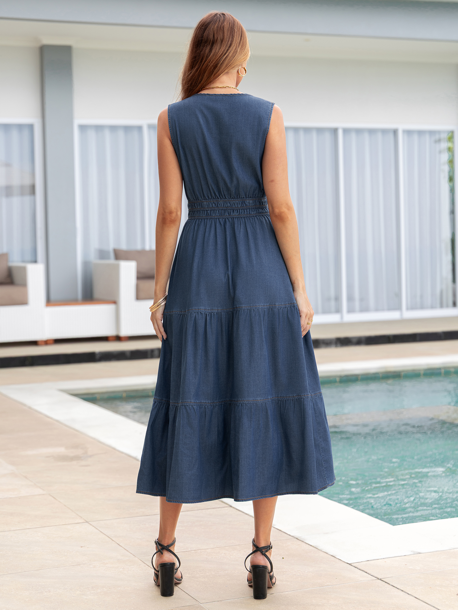 Sleeveless Denim Maxi Dress with Tiered Hem