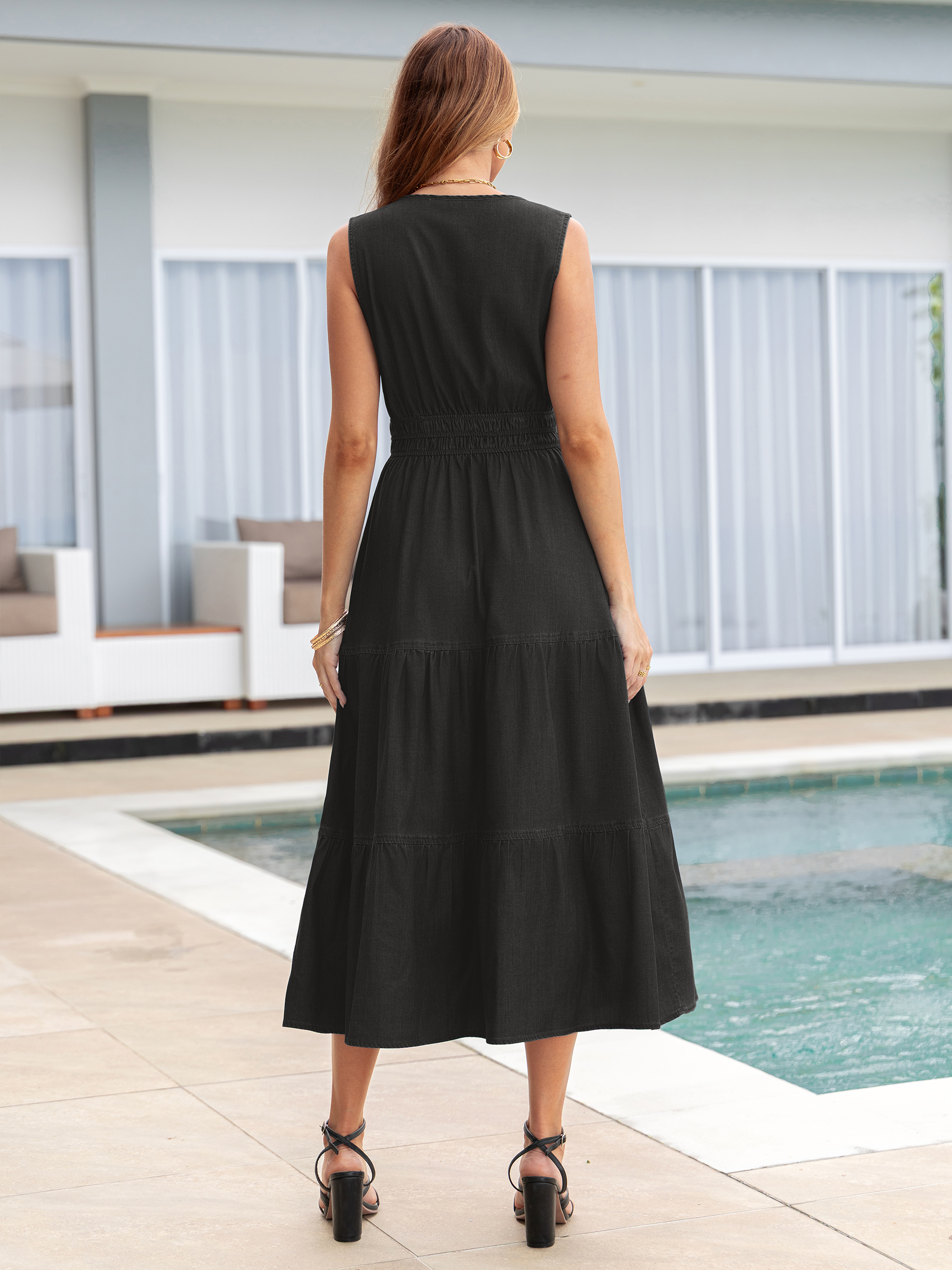 Sleeveless Denim Maxi Dress with Tiered Hem