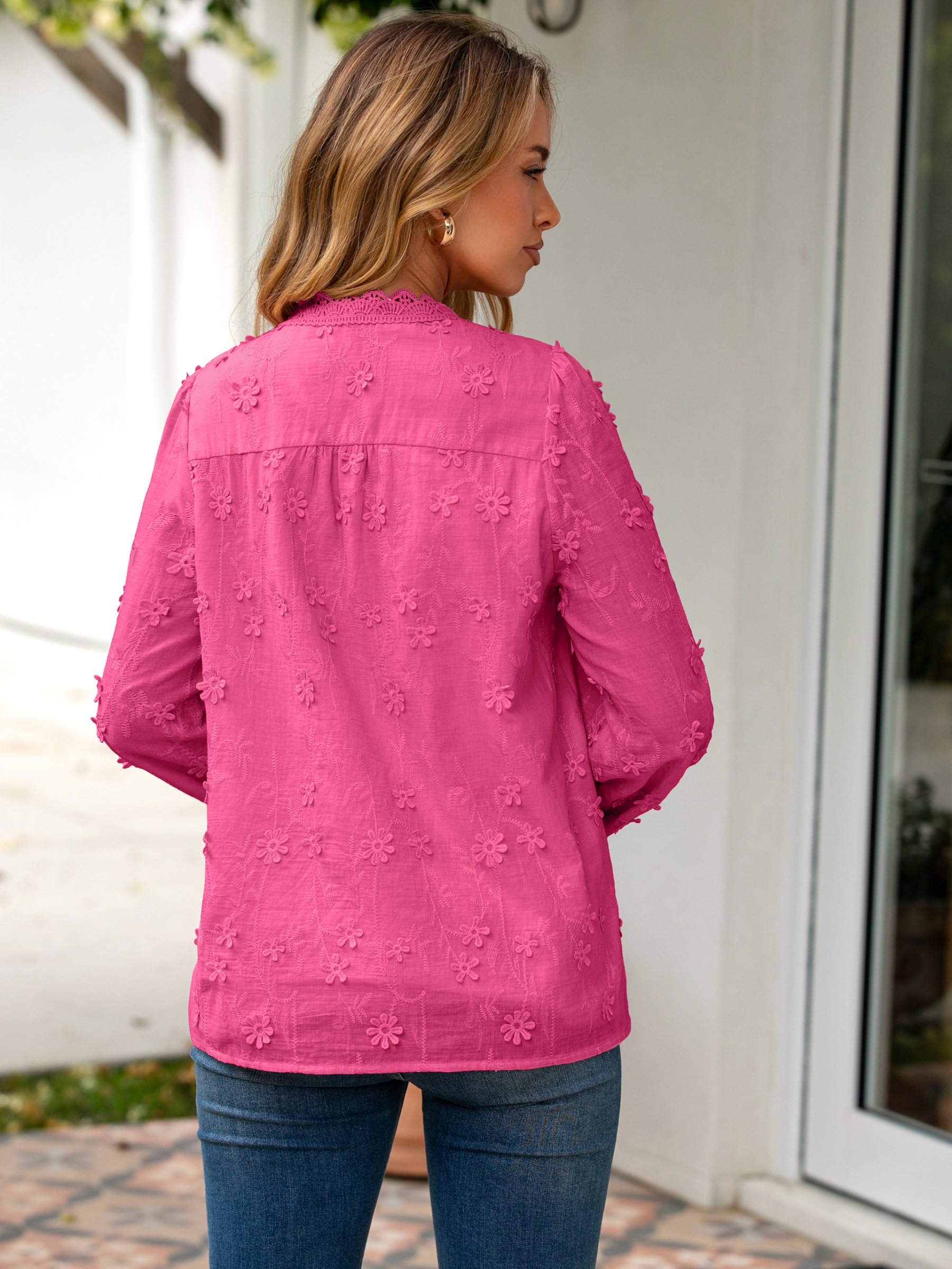 Floral Lace V Neck Embroidered Button Down Blouse - Rose Pink
