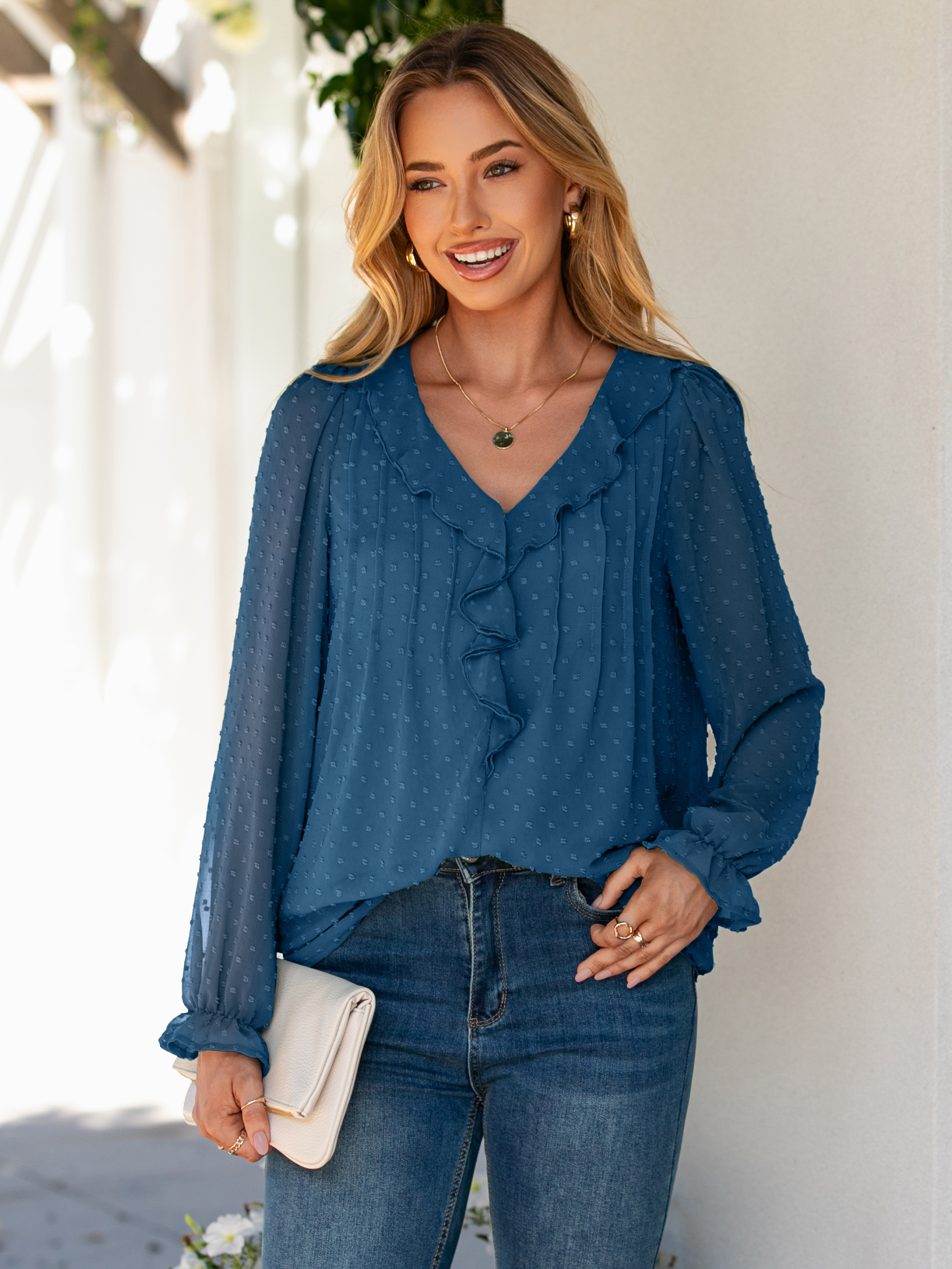 Chiffon V Neck Ruffle Long Sleeve Blouse - Enamel Blue