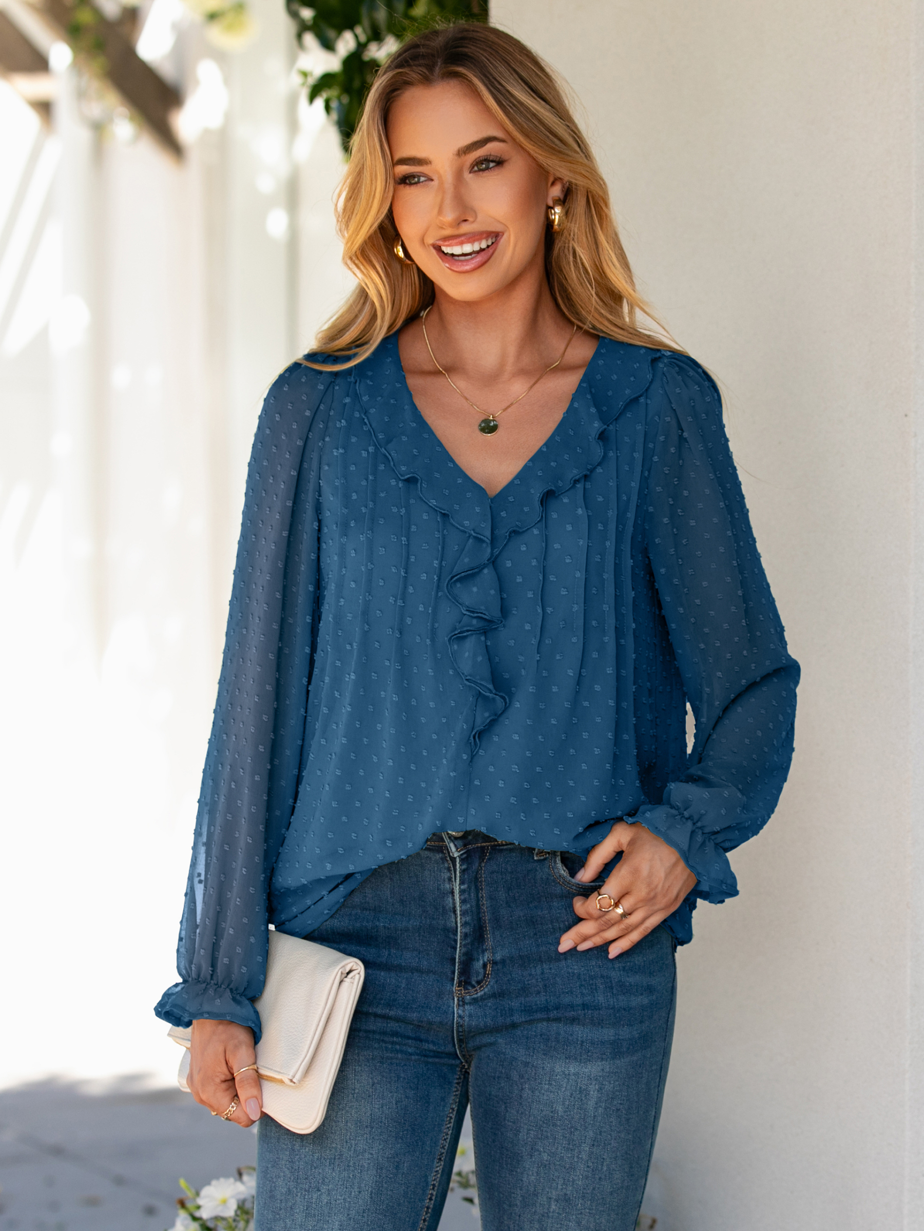 Chiffon V Neck Ruffle Long Sleeve Blouse - Enamel Blue