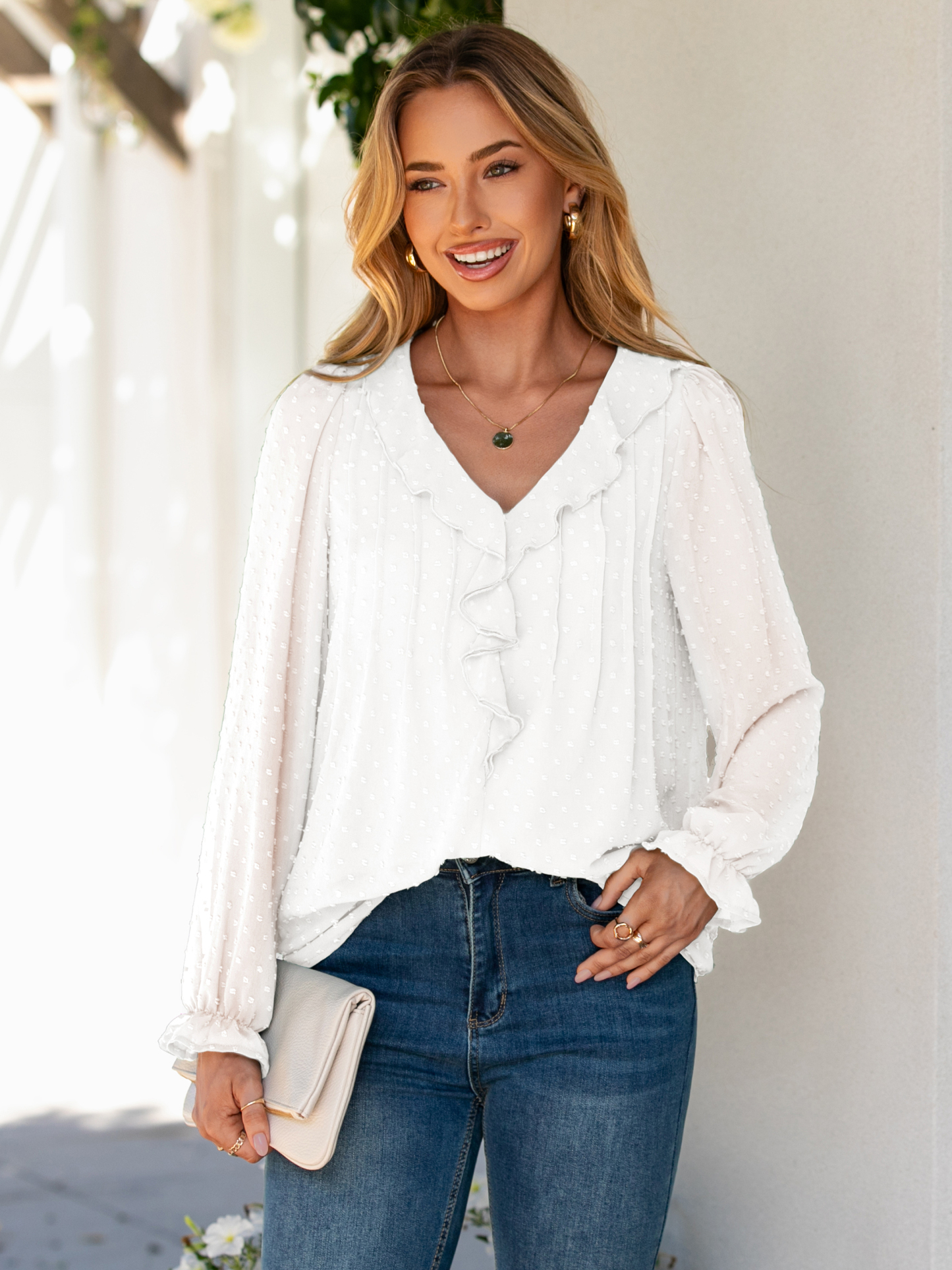 Chiffon V Neck Ruffle Long Sleeve Blouse - White