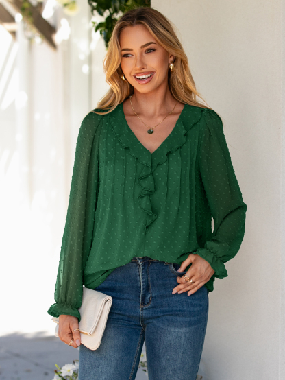 Chiffon V Neck Ruffle Long Sleeve Blouse - Dark Green