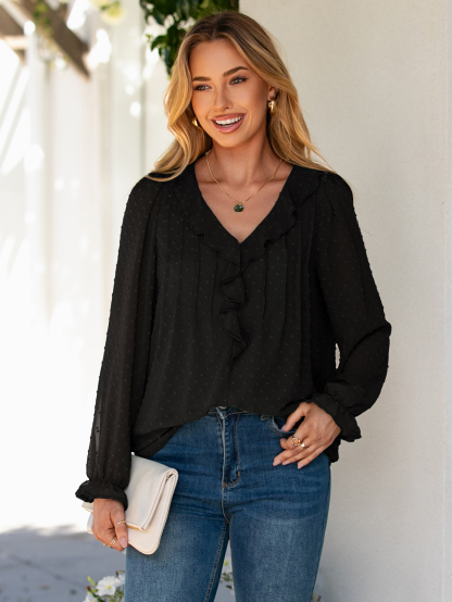 Chiffon V Neck Ruffle Long Sleeve Blouse - Black